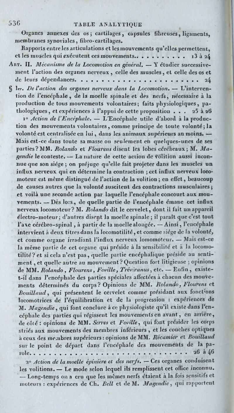 Organes annexes ties os; cartilages, capsules iihrcuses, ligaments, membranes synoviales, fibro-cartilages. Rapports entre les articulations et les mouvements qu'elles permettent, et les muscles qui exécutent ces mouvements i3 à 24 Art. II. Mécanisme de la Locomotion en général. — Y étudier successive- ment l'action des organes nerveux , celle des muscles, et celle des os et de leurs dépendances * . . . 24 § 1er. De l'action des organes nerveux dans la Locomotion. — L'interven- tion de Tencéphale , de la moelle spinale et des nerfs, nécessaire à la production de tous mouvements volontaires; faits physiologiques, pa- thologiques, et expériences à l'appui de cette proposition ... 25 à 26 1° Jction de l'Encéphale. — LXncéphale utile d'abord à la produc- tion des mouvements volontaires, comme principe de toute volonté; la volonté est centralisée en lui, dans les animaux supérieurs au moins. — Mais est-ce dans toute sa masse ou seulement en quelques-unes de ses parties? M M. Rolando et Flourens disent les lobes cérébraux; M. Ma- gendie le conteste. — La nature de cette action de vôlilion aussi incon- nue que son siège ; on préjuge qu'elle fait projeter dans les muscles un influx nerveux qui en détermine la contraction ; cet influx nerveux loco- moteur est même distingué de l'action de la volition ; en effet, beaucoup de causes autres que la volonté suscitent des contractions musculaires; et voilà une seconde action par laquelle l'encéphale concourt aux mou- vements. — Dès lois, de quelle partie de l'encéphale émane cet influx nerveux locomoteur? M. Rolando dit le cervelet, dont il fait un appareil électro-moteur; d'autres disent la moelle spinale ; il paraît que c'est tout l'axe cérébro-spinal, à partir de la moellealo.jgée. — Ainsi, l'encéphale in tel vient à deux titres dans la locomotilité, et comme siège de la volonté, et comme organe irradiant l'influx nerveux lomomotcur. — Mais est-ce la même partie de cet organe qui préside à la sensibilité et à la locomo- tilité? et si cela n'est pas, quelle partie encéphalique préside au senti- ment , et quelle autre au mouvement ? Question fort litigieuse ; opinions de MM. Rolando , Flourens, Fouille, Tréviranus ^ etc Enfin , existe- t-il dans l'encéphale des parties spéciales affectées à chacun des mouve- ments déterminés du corps? Opinions de MM. Rolando, Flourens et Bouillaud, qui présentent le cervelet comme présidant aux fonct'ons locomotrices de l'équilibration et de la progression : expériences de M. Magendie, qui font conclure à ce physiologiste qu'il existe dans l'en- céphale des parties qui régissent les mouvements en avant, en arriére, de côté : opinions de MM. iSerres et Fouille, qui font présider les corps striés aux mouvements des membres inférieurs , et les couches optiques à ceux des membres supérieurs : opinions de MM. Récamier et Bouillaud sur le point de départ dans l'encéphale des mouvements de la pa- role 26 à 46 2 Action de la moelle épiniere et des nerjs. — Ces organes conduisent les volitions. — Le mode selon lequel ils remplissent cet office inconnu. •— Long-temps ou a cru que les mêmes nerfs étaient à la fois scnsitifs et moteurs : expériences de Ch. Bell et de M. Magendie, qui rapportent