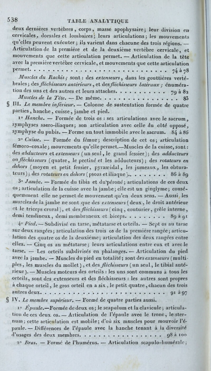 deux dernières vertèbres, corps, masse apophysairej leur division en cervicales, dorsales et lombaires; leurs articulations; les mouvements qu'elles peuvent exécuter ; ils varient dans chacune des trois régions. — Articulation de la première et de la deuxième vertèbre cervicale, et mouvements que cette articulation permet. — Articulation de la tète avec la première vertèbre cervicale, et mouvements que cette articulation permet 74 3^8 Muscles du Rachis ; sont: des extenseurs^ dans les gouttières verté- brales; àes fléchisseurs antérieurs ^Qt àesfléchisseurs latéraux ; énuméra- tion des uns et des autres et leurs attaches 79 à 82 Muscles de la Tête. De même 85 § III. La membre inférieur, — Colonne de sustentation formée de quatre parties, hanche , cuisse, jambe et pied. 1° Hanclie. — Formée de trois os : ses articulations avec le sacrum, symphyses sacro-iliaques; son articulation avec celle du côté opposé, symphyse du pubis. — Forme un tout immobile avec le sacrum. 84 à 8(5 2° Cuisse. — Formée du fémur; description de cet os; articulation fémoro-coxale ; mouvements qu'elle permet.—Muscles de la cuisse, sont: des abducteurs eX. extenseurs (un seul, le grand fessier); des adducteurs ou fléchisseurs (quatre, le pectiné et les adducteurs); des rotateurs en dehors (moyen et petit fessier, pyramidal, les jumeaux, les obtura- teurs ) ; des rotateurs en dehors ( psoas et iliaque} 86 à 89 3° Jambe. —Formée du tibia et du^péroné; articulations de ces deux os ; articulation de la cuisse avec la jambe ; elle est un ginglyme; consé- quemnient elle ne permet de mouvement qu'en deux sens. — Aussi les mu5cles delà jambe ne sont que des extenseurs ( deux , le droit antérieur et le triceps crural), et des fléchisseurs [cinq , couturier, grêle interne, demi tendineux, demi membraneux et biceps 89 à ^[ 4 Pied. — Subdivisé en tarse, métatarse et orteils. — Sept os au tarse sur deux rangées; articulation des trois os de la première rangée ; articu- lation des quatre os de la deuxième; articulation des deux rangées entre elles. — Cinq os au métatarse; leurs articulations entre eux et avec le tarse. — Les orteils subdivisés en phalanges. — Articulation du pied avec la jambe. — Muscles du pied en totalité ; sont des extenseurs ( multi- ples , les muscles du mollet ), et des fléchisseurs ( un seul, le libial anté- rieur). — Muscles moteurs des orteils : les uns sont communs à tous les orteils, sont des extenseurs et des fléchisseurs : les autres sont propres à chaque orteil, le gros orteil en a six , le petit quatre , chacun des trois autres deux 91 à 97 § IV. Le membre supéneur. — Formé de quatre parties aussi. 1° Epaule.—Formée de deux os ; le scapulum et la clavicule ; articula- tion de ces deux os. — Articulation de l'épaule avec le tronc, le ster- num; cette articulation est mobile; d'où six muscles pour mouvoir l'é- paule.— Différences de l'épaule avec la hanche tenant à la diversité d'usages des deux membres 98 à 100 2° Bras. — Formé de l'humérus. — Articulation scapulo-huméralc ;