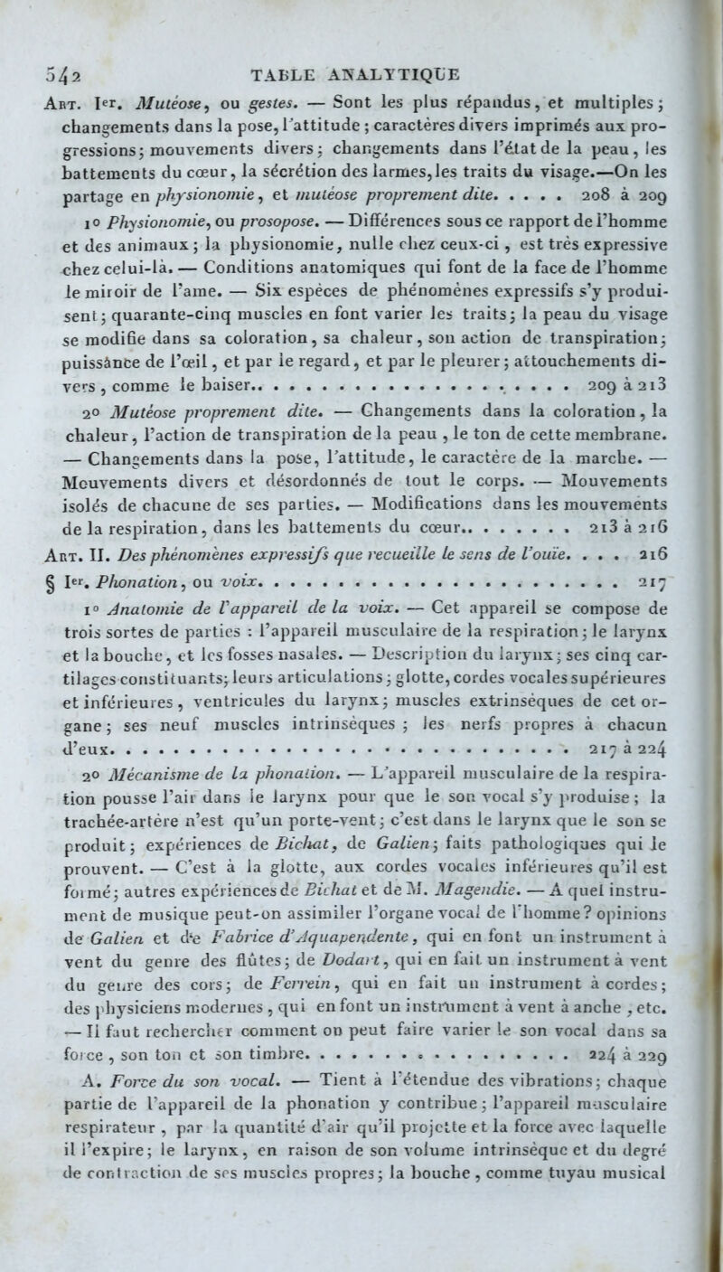 Art. 1er. Mutéose, ou gestes. — Sont les plus répaudus, et multiples j changements dans la pose, Tattitude ; caractères divers imprimés aux pro- gressions 5 mouvements divers: changements dans l'état de la peau, les battements du cœur, la sécrétion des larmes,les traits du visage.—On les partage en physionomie, et mutéose proprement dite 208 à 209 lO Physionomie, ou prosopose. — Différences sous ce rapport de l'homme et des animaux; la physionomie, nulle chez ceux-ci, est très expressive chez celui-là, — Conditions anatomiques qui font de la face de l'homme le miroir de l'ame. — Six espèces de phénomènes expressifs s'y produi- sent; quarante-cinq muscles en font varier les traits; la peau du visage se modifie dans sa coloration, sa chaleur, sou action de transpiration; puissànce de l'œil, et par le regard, et par le pleurer ; attouchements di- vers , comme le baiser 209 à2i3 2° Mutéose proprement dite. — Changements dans la coloration, la chaleur, l'action de transpiration de la peau , le ton de cette membrane. — Changements dans la pose, l'attitude, le caractère de la marche. — Mouvements divers et désordonnés de tout le corps. — Mouvements isolés de chacune de ses parties. — Modifications dans les mouvements de la respiration, dans les battements du cœur 2i3 à 216 Art. II. Des phénomènes expressijs que recueille Le sens de l'ouïe. ... a 16 § lei-. Phonation, ou voix 217 1° Jnatomie de Vappareil de la voix. — Cet appareil se compose de trois sortes de parties : l'appareil musculaire de la respiration; le larynx et la bouche, et les fosses nasales. — Description du larynx; ses cinq car- tilages constituants; leurs articulations ; glotte, cordes vocales supérieures et inférieures , ventricules du larynx; muscles extrinsèques de cet or- gane ; ses neuf muscles intrinsèques; les nerfs propres à chacun d'eux 2173 224 20 Mécanisme de la phonation. — L'appareil musculaire de la respira- tion pousse l'ail dans ie larynx pour que le son vocal s'y produise ; la trachée-artère n'est qu'un porte-vent; c'est dans le larynx que le son se produit; expériences àe BicJuit, de Galien; faits pathologiques qui le prouvent. — C'est à la glotte, aux cordes vocales inférieures qu'il est foimé; autres expériences de Bichat et de M. Magendie. — A quel instru- ment de musique peut-on assimiler l'organe vocal de Thomme? opinions de Galien et d'e Fabrice d'yJc/uapendente, qui en font un instrument à vent du genre des flûtes; de Dodatt, qui en fait un instrumenta vent du genre des cors; de Fcrrein, qui en fait un instrument à cordes; des jdiysiciens modernes , qui en font un instniment à vent à anche , etc. — Il faut rechercher comment on peut faire varier le son vocal dans sa force , son toii et son timbre 224 à 229 A, Force du son vocal. — Tient à l'étendue des vibrations ; chaque partie de l'appareil de la phonation y contribue ; l'appareil musculaire respirateur , par la quantité d'air qu'il projette et la force avec laquelle il i'expire; le larynx, en raison de son volume intrinsèque et du degré de conhactioji de ses muscles propres; la bouche , comme tuyau musical