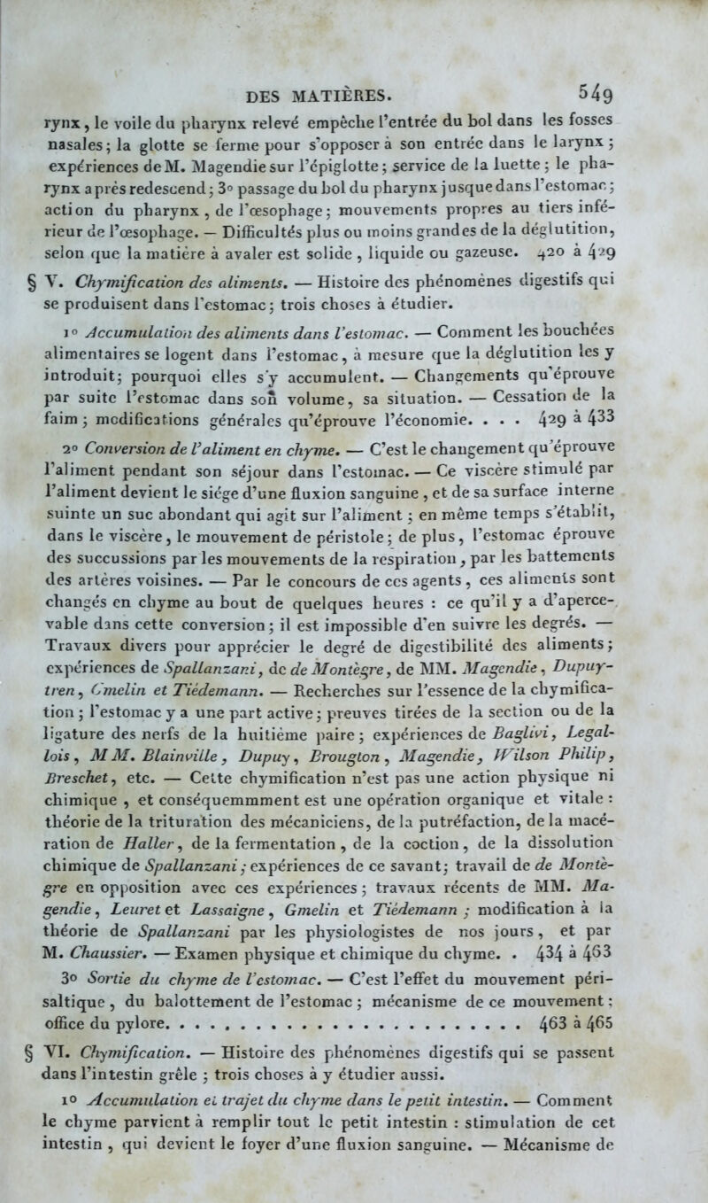 rynx, le voile du pharynx relevé empêche l'entrée du bol dans les fosses nasales; la glotte se ferme pour s'opposera son entrée dans le larynx; expériences de M. Magendiesur l'épiglotte ; service de la luette ; le pha- rynx a prés redescend; 3 passage du bol du pharynx jusque dans l'estomac; action du pharynx , de Tœsophage; mouvements propres au tiers infé- rieur de l'œsophage. — Difficultés plus ou moins grandes de la déglutition, selon que la matière à avaler est solide , liquide ou gazeuse. 420 à 4^9 V. Chymificadon des aliments. — Histoire des phénomènes digestifs qui se produisent dans l'estomac; trois choses à étudier. 1° Jccumulalion des alimenU dans l'estomac, — Comment les bouchées alimentaires se logent dans l'estomac, à mesure que la déglutition les y introduit; pourquoi elles s'y accumulent. — Changements qu'éprouve par suite l'estomac dans son volume, sa situation. — Cessation de la faim ; modifications générales qu'éprouve l'économie. . . . 4^9 ^ 2° Conversion de l'aliment en chym^. — C'est le changement qu'éprouve l'aliment pendant son séjour dans l'estomac. — Ce viscère stimulé par l'aliment devient le siège d'une jSuxion sanguine , et de sa surface interne suinte un suc abondant qui agit sur l'aliment ; en même temps s'établit, dans le viscère , le mouvement de péristole ; de plus , l'estomac éprouve des succussions par les mouvements de la respiration , par les battements des artères voisines. — Par le concours de ces agents , ces alinicnis sont changés en chyme au bout de quelques heures : ce qu'il y a d'aperce- vable dans cette conversion; il est impossible d'en suivre les degrés. — Travaux divers pour apprécier le degré de digestibilité des aliments ; expériences de Spallanzani, de de M enterre, de MM. Magcndie. Dupuy- tren^ Cmclin et Tiédemann. — Recherches sur Tessence de la chymifica- tion ; l'estomac y a une part active ; preuves tirées de la section ou de la ligature des nerfs de la huitième paire; expériences de ^a^Z^t^i? Legal- lois , M M. BlainviLle , Dupuy, Brougton , Magcndie, fVilson Philip, Breschet^ etc. — Cette chymifîcation n'est pas une action physique ni chimique , et conséquemmment est une opération organique et vitale : théorie de la trituration des mécaniciens, de la putréfaction, de la macé- ration de Haller ^ de la fermentation , de la coction, de la dissolution chimique de iS/^aZZa/izani expériences de ce savant; travail de de Monte- gre en opposition avec ces expériences ; travaux récents de MM. Ma- gendie, Leuretet Lassaigne ^ Gmelin et Tiédemann ; modification à la théorie de Spallanzani par les physiologistes de nos jours , et par M. Chaussier. — Examen physique et chimique du chyme. . 4^4 à 4^^ 30 Sortie du chyme de rcstomac. — C'est l'effet du mouvement péri- saltique , du balottement de l'estomac ; mécanisme de ce mouvement ; office du pylore 4^3 à 465 VI. Chymifîcation. — Histoire des phénomènes digestifs qui se passent dans l'intestin grêle ; trois choses à y étudier aussi. lo Accumulation ei trajet du chyme dans le petit intestin. — Comment le chyme parvient k remplir tout le petit intestin : stimulation de cet intestin , qui devient le foyer d'une fluxion sanguine. — Mécanisme de