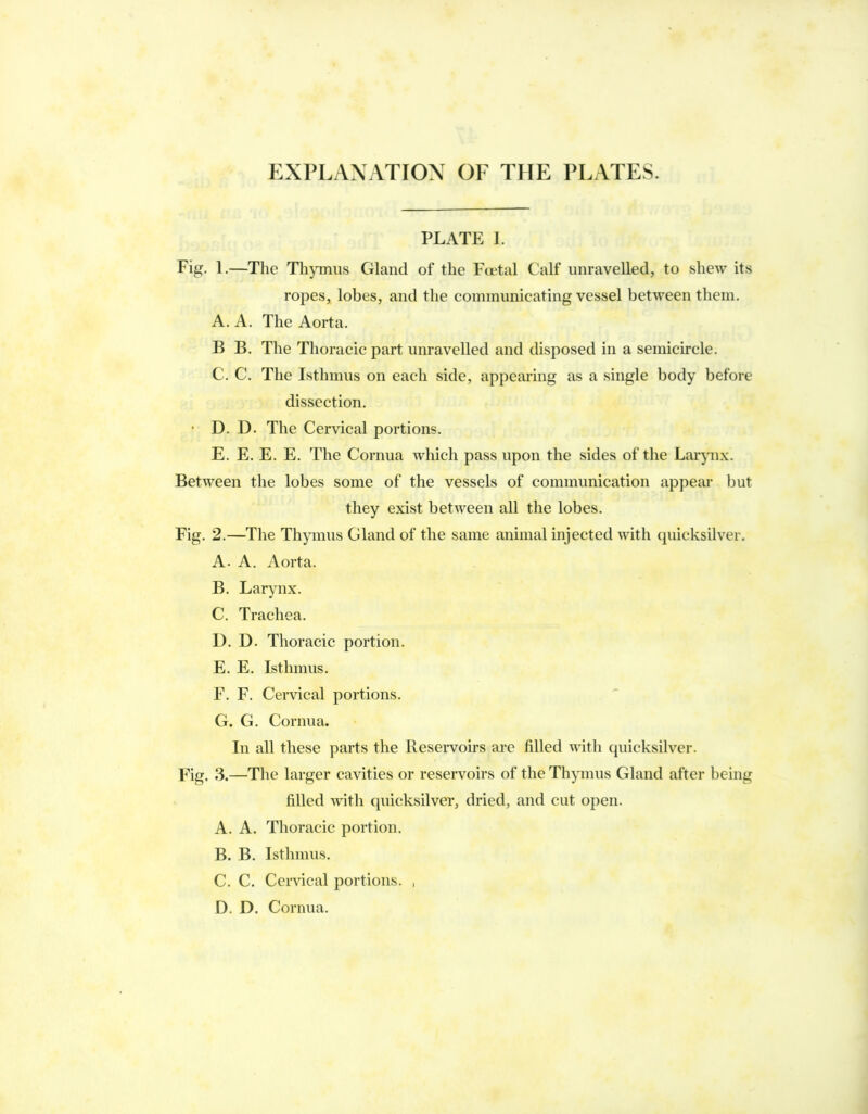 EXPLANATION OF THE PLATES. PLATE I. Fig. 1.—The Th}Tnus Gland of the Fcetal Calf unravelled, to .shew its ropes, lobes, and the communicating vessel between them. A. A. The Aorta. B B. The Thoracic part unravelled and disposed in a semicircle. C. C. The Isthmus on each side, appearing as a single body before dissection. • D. D. The Cervical portions. E. E. E. E. The Cornua which pass upon the sides of the Larjaix. Between the lobes some of the vessels of communication appear but they exist between all the lobes. Fig. 2.—The Th}Tnus Gland of the same animal injected with quicksilver. A. A. Aorta. B. Larynx. C. Trachea. D. D. Thoracic portion. E. E. Isthmus. F. F. Cervical portions. G. G. Cornua. In all these parts the Resei-voirs are filled with quicksilver. Fig. 3.—The larger cavities or reservoirs of the Thymus Gland after being filled with quicksilver, dried, and cut open. A. A. Thoracic portion. B. B. Isthmus. C. C. Cervical portions. , D. D. Cornua.