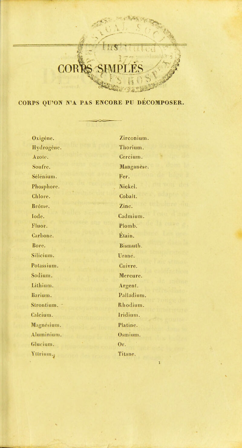 CORPS QU’ON N’A PAS ENCORE PU DECOMPOSER. Oxigène. Hydrogène. Aitole. Soufre. Sélénium. Phosphore. Chlore. Brome. Iode. Fluor. Carbone. Bore. .Silicium. Polassium. Sodium. Lithium. Barium. .Strontium. ' C.ilciu m. Magnésium. Aluminium. (ilucium. Zirconium. Thorium. Cercium. Manganèse. Fer. Nickel. Cobalt. Zinc. Cadmiu m. Plomb. Étain. Bismuth. Urane. Cuivre. Mercure. Argent. Palla'dium. Rhodium. Iridium. Platine. Osmium. Or. Tita ne. Yllrimu.^