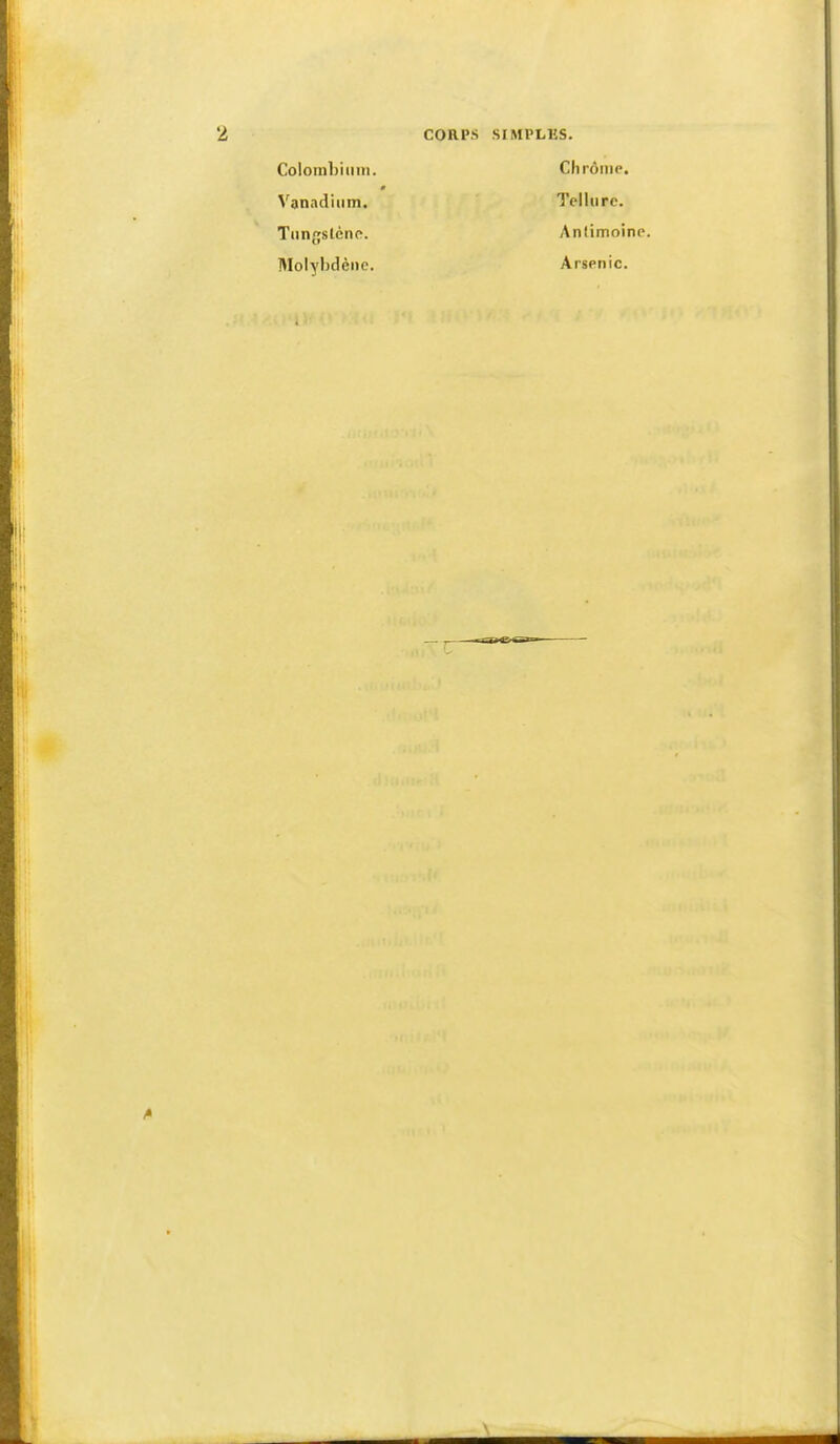 Colombiiiiii. Chrônip. Vanadium. Tellure. Tungstène. Antimoine. Molybdène. Arsenic.