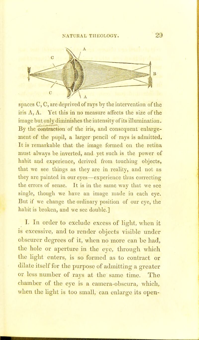 spaces C, C, are deprived of rays by the intervention of the iris A, A. Yet this in no measure affects the size of the image but only diminishes the intensity of its illumination. By the contraction of the iris, and consequent enlarge- ment of the pupil, a larger pencil of rays is admitted. It is remarkable that the image formed on the retina must always be inverted, and yet such is the power of habit and experience, derived from touching objects, that we see things as they are in reality, and not as they are painted in our eyes—experience thus correcting the errors of sense. It is in the same way that we see single, though we have an image made in each eye. But if we change the ordinary position of our eye, the habit is broken, and we see double.] I. In order to exclude excess of light, when it is excessive, and to render objects visible under obscurer degrees of it, when no more can be had, the hole or aperture in the eye, through which the light enters, is so formed as to contract or dilate itself for the purpose of admitting a greater or less number of rays at the same time. The chamber of the eye is a camera-obscura, which, when the light is too small, can enlarge its open-