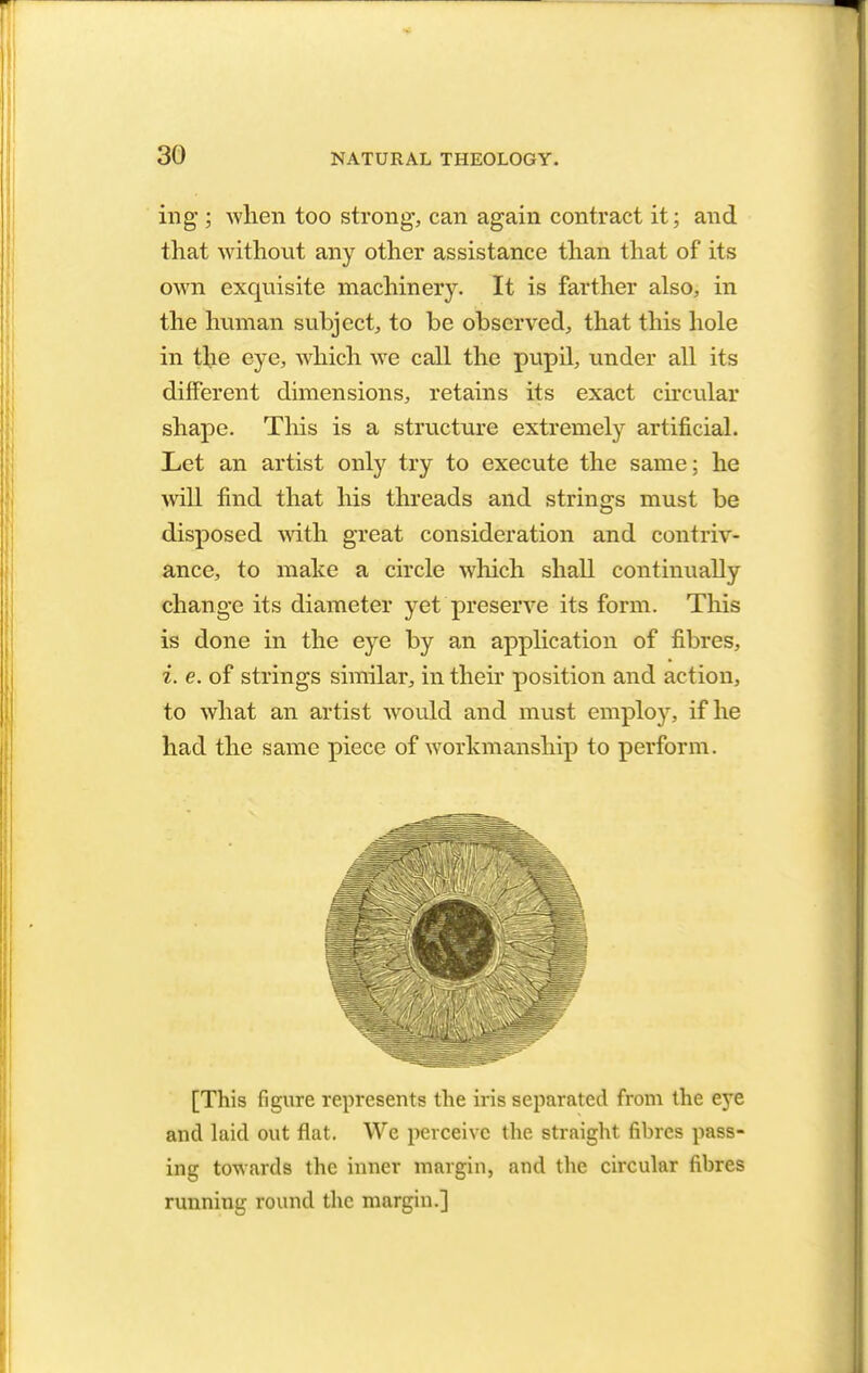 ing ; when too strong, can again contract it; and that without any other assistance than that of its own exquisite machinery. It is farther also, in the human subject, to be observed, that this hole in the eye, which we call the pupil, under all its different dimensions, retains its exact circular shape. This is a structure extremely artificial. Let an artist only try to execute the same; he will find that his threads and strings must be disposed with great consideration and contriv- ance, to make a circle which shall continually change its diameter yet preserve its form. This is done in the eye by an application of fibres, i. e. of strings similar, in their position and action, to what an artist would and must employ, if he had the same piece of workmanship to perform. [This figure represents the iris separated from the eye and laid out flat. We perceive the straight fibres pass- ing towards the inner margin, and the circular fibres running round the margin.]