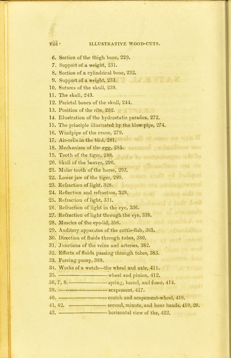 vin« ILLUSTRATIVE WOOD-CUTS. 6. Section of the thigh bone, 229. 7. Support of a weight, 231. 8. Section of a cylindrical bone, 232. 9. Support of a weight, 233. 10. Sutures of the skull, 239. 11. The skull, 243. 12. Parietal bones of the skull, 244. 13. Position of the ribs, 262. 14. Illustration of the hydrostatic paradox, 272. 15. The principle illustrated by the blow-pipe, 274. 16. Windpipe of the crane, 279. 17. Air-cells in the bird, 281. 18. Mechanism of the egg, 285. 19. Tooth of the tiger, 288. 20. Skull of the beaver, 290. 21. Molar tooth of the horse, 293. 22. Lower jaw of the tiger, 299. 23. Refraction of light, 328. 24. Reflection and refraction, 329. 25. Refraction of light, 331. 26. Refraction of light in the eye, 336. 27. Refraction of light through the eye, 338. 28. Muscles of the eye-lid, 356. 29. Auditory apparatus of the cuttle-fish, 365. 30. Direction of fluids through tubes, 380. 31. Junctions of the veins and arteries, 382. 32. Effects of fluids passing through tubes, 383. 33. Forcing pump. 389. 34. Works of a watch—the wheel and axle, 411. 35. wheel and pinion, 412. 36, 7, 8. spring, barrel, and fusee, 414. 39. scapemcnt, 417. 40. crutch and scapement-wheel, 418. 41. 42. ■ second, minute, and hour bands. 419, 20. 43. horizontal view of the, 422.