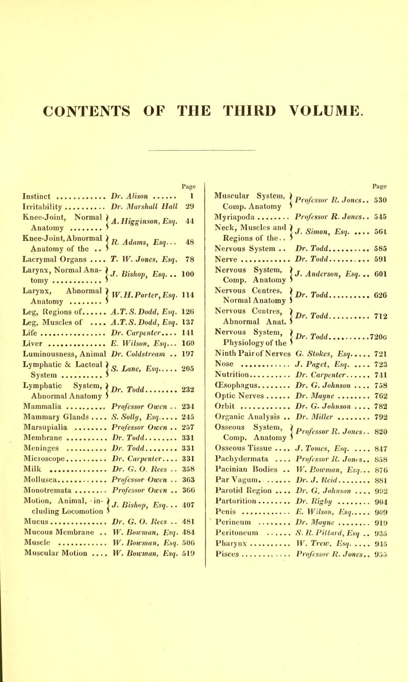 CONTENTS OF THE THIRD VOLUME \ R. Adams, Esq. ■ ■ T. W. Jones, Esq. Bishop, Esq. .. W.H.Porter, Esq. 114 A.T.S.Dodd, Esq. A.T.S.Dodd, Esq. Instinct Dr. Alison Irritability Dr. Marshall Hall Knee-joint, Normal ) , TT. r ' l A. Higginson, Esq. Anatomy J Knee-Joint, Abnormal Anatomy of the .. Lacrymal Organs .. • Larynx, Normal Ana tomy Larynx, Abnormal Anatomy Leg, Regions of Leg, Muscles of ... Life Dr. Carpenter.... Liver E. Wilson, Esq... Luminousness, Animal Dr. Coldstream .. Lymphatic & Lacteal ) „ Esq System 5 Lymphatic System, } Dr TlM Abnormal Anatomy 5 Mammalia Professor Owen .. Mammary Glands .... S. Solly, Esq Marsupialia Professor Owen .. Membrane Dr. Todd Meninges Dr. Todd Microscope Dr. Carpenter.... Milk Dr.G.O. Rees .. Mollusca Professor Owen .. Monotremata Professor Owen .. Motion, Animal, in- ) r D. , „ \ J. Bishop, Esq. .. eluding Locomotion * Mucus Dr. G. O. Rees .. Mucous Membrane .. W. Bowman, Esq. Muscle W. Bowman, Esq. Muscular Motion .... W. Bowman, Esq. Page 1 29 44 48 78 100 12G 137 141 160 197 205 232 234 245 257 331 331 331 358 363 366 407 481 484 506 519 Muscular System, ) Comp. Anatomy ' Myriapoda Neck, Muscles and ) Regions of the.. ) Nervous System .. Nerve Nervous System, Comp. Anatomy Nervous Centres, } Normal Anatomy S Nervous Centres, ) Abnormal Anat. i Nervous System, } Physiology of the J Ninth Pair of Nerves Nose Nutrition (Esophagus Optic Nerves Orbit Organic Analysis .. Osseous System, } Comp. Anatomy S Osseous Tissue .... Pachydermata .... Pacinian liodies .. Par Vagum. Parotid Region .... Parturition Penis Perineum Peritoneum Pharynx Pisces Page Professor R. Jones.. 530 Professor R. Jones.. 545 J. Simon, Esq 561 Dr. Todd 585 Dr. Todd 591 J. Anderson, Esq. .. 601 Dr. Todd 626 Dr. Todd 712 Dr. Todd 720c G. Stokes, Esq 721 J. Paget, Esq 723 Dr. Carpenter 741 Dr. G. Johnson .... 758 Dr. Mayne 762 Dr. G. Johnson 782 Dr. Miller 792 Professor R. Jones.. 820 J. Tomes, Esq 847 Professor R. Juiits.. 858 W. Bowman, Esq... 876 Dr. J. Reid 881 Dr. G. Johnson .... 9(»2 Dr. Rigby 904 E. Wilson, Esq 909 Dr. Mayne 919 S. R. Pitlard, Esq .. 935 W. Trew. Esq 915 Professor R. Jones.. 955