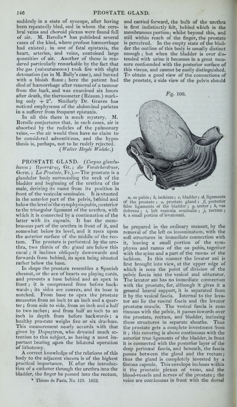suddenly in a state of syncope, after having been repeatedly bled, and in whom the cere- bral veins and choroid plexus v/ere found full of air. M. Rerolie* has published several cases of the kind, where profuse haemorrhage had existed; in one of fatal epistaxis, the heart, arteries, and veins, contained large quantities of air. Another of these is ren- dered particularly remarkable by the fact that the gas (subcutaneous) took fire with slight detonation (as in M. Bally's case), and burned with a bluish flame ; here the patient had died of hasmorrliage after removal of a tumour from the back, and was examined six hours after death, the thermometer (Reaum.) mark- ing only + 2°. Similarly Dr. Graves has noticed emphysema of the abdominal parietes in a sufferer from frequent epistaxis. In all this there is much mystery. M. Rerolie conjectures that, in such cases, air is absorbed by the radicles of the pulmonary veins, — the air would then have no claim to be considered adventitious, and the hypo- thesis is, perhaps, not to be rudely rejected. ( Walter Hoyle Walshe,) PROSTATE GLAND. (Corpus glandu- losum ; UpoGTOLT^Cj Gr. ; die Vorsteherdruse, Germ.; La Prostate, Fr.).—The prostate is a glandular body surrounding the neck of the bladder and beginning of the urethra of the male, deriving its name from its position in front of the vesiculae seminales. It is situated in the anterior part of the pelvis, behind and below the level oi' the symphysis pubis, posterior to the triangular ligament of the urethra, with which it is connected by a continuation of the latter with its capsule. It has the mem- branous part of the urethra in front of it, and somewhat below its level, and it rests upon the anterior surface of the middle of the rec- tum. The prostate is perforated by the ure- thra, two thirds of the gland are below this canal ; it inclines oblirjuely downwards and forwards from behind, its apex being situated rather below the base. In shape the prostate resembles a Spanish chesnut, or the ace of hearts on playing cards, and presents a base behind and an apex in front ; it is compressed from before back- wards ; its sides are convex, and its base is notched. From base to apex the prostate measures from an inch to an inch and a quar- ter; from side to side, from an inch and a half to two inches; and from half an inch to an inch in depth from before backwards: a healthy prostate weighs five or six drachms. This measurement nearly accords with that given by Dupuytren, who devoted much at- tention to this subject, as having a most im- portant bearing upon the bilateral operation of lithotomy. A correct knowledge of the relations of this body to the adjacent viscera is of the highest practical importance. If, after the introduc- tion of a catheter through the urethra into the bladder, the finger be passed into the rectum, * Theses de Paris, Xo. 129. 1832. and carried forward, the bulb of the urethra is first indistinctly felt, behind which is the membranous portion; whilst beyond this, and still within reach of the finger, the prostate is perceived. In the empty state of the blad- der the outline of this body is usually distinct enough ; but when the bladder is over dis- tended with urine it becomes in a great mea- sure confounded with the posterior surface of this viscus, and cannot be easily distinguished. To obtain a good view of the connections of the prostate, a side view of the pelvis should F'g. 100. a, OS pubis ; h, ischium ; c, bladder; d, ligaments of the prostate ; e, prostate gland ; /, posterior false ligaments of the bladder ; g, ureter ; h, vas deferens ; i, left vesicula seminalis ; j, rectum ; k, a small portion of levatorani. be prepared in the ordinary manner, by the removal of the left os innominatum, with the soft structures in inmiediate connection with it, leaving a small portion of the sym- physis and ramus of the os pubis, together with the spine and a part of the ramus of the ischium. In this manner the levator ani is first brought into view, at the upper edge of which is seen the point of division of the pelvic fascia into the vesical and obturator. The levator ani has no immediate connection with the prostate, for, although it gives it a general lateral support, it is separated from it by the vesical fascia. Internal to the leva- tor ani lie the vesical fascia and the levator prostatae muscle. The vesical fascia is con- tinuous w ith the pelvic, it passes inwards over the prostate, rectum, and bladder, inclosing these structures in separate sheaths. Thus the prostate gets a complete investment from it ; this covering is above continuous with the anterior true ligaments of the bladder, in front it is connected with the posterior layer of the deep perinaeal fascia, and beneath, the fascia passes between the gland and the rectum; thus the gland is completeh' invested by a fibrous capsule. This envelope incloses w ithin it the prostatic plexus of veins, and the blood-vessels and nerves of the prostate; the veins are coniinuous in front with the dorsal