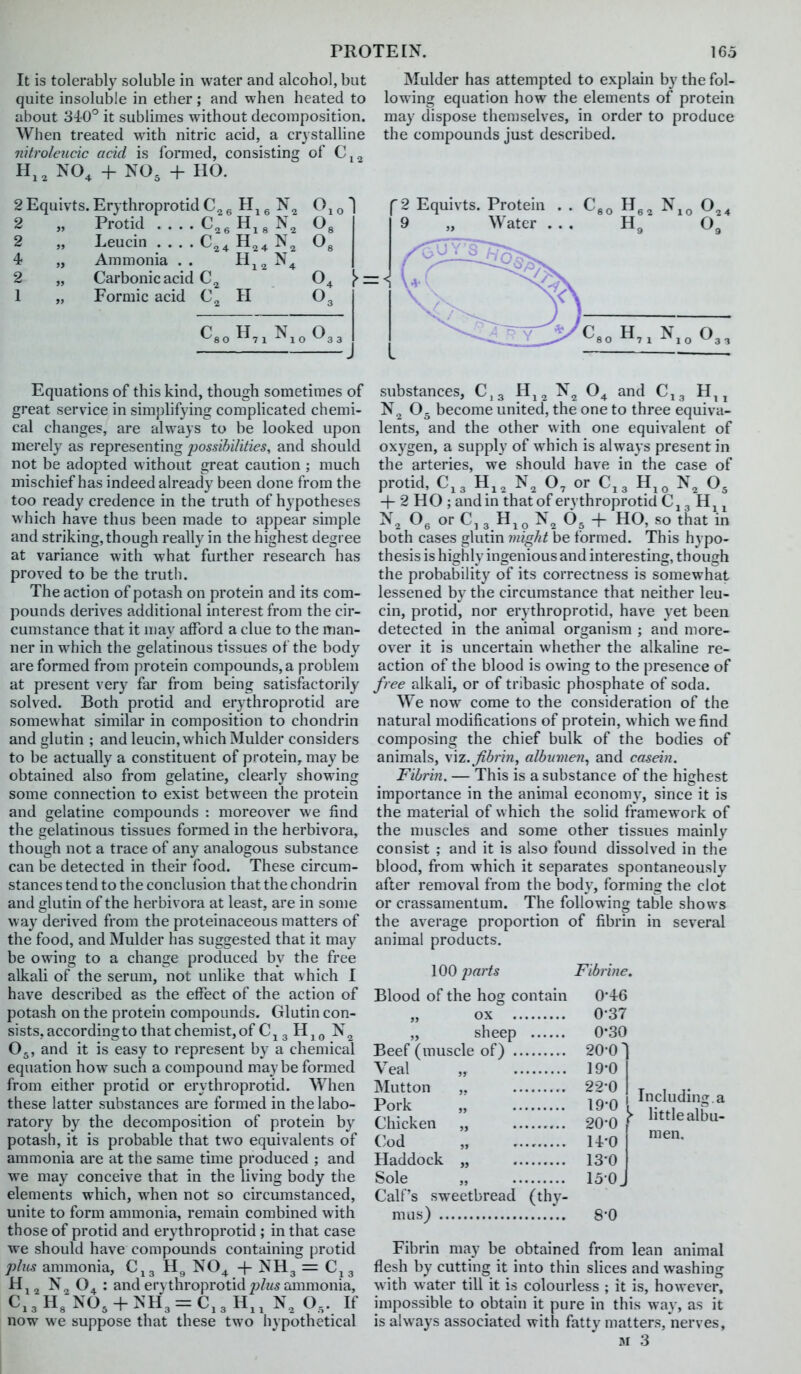 It is tolerably soluble in water and alcohol, but quite insoluble in ether ; and when heated to about 340° it sublimes without decomposition. When treated with nitric acid, a crystalhne nitroleticic acid is formed, consisting of H,, NO^ + NO, + HO. 2 Equivts. Erythroprotid C2 g ^ N^ O^ q 1 2 „ Protid ....C,,H,,N, O3 I 2 „ Leucin C^^ H,^ N^ Og | 4 „ Ammonia . . H^^ N 2 „ Carbonic acid 1 ,, Formic acid C H Mulder has attempted to explain by the fol- lowing equation how the elements of protein may dispose themselves, in order to produce the compounds just described. O, CsoH„N,,033 '2 Equivts. Protein 9 „ Water CsoH,,N,,0,, Equations of this kind, though sometimes of great service in simplifying complicated chemi- cal changes, are always to be looked upon merely as representing possihi/ities, and should not be adopted without great caution ; much mischief has indeed already been done from the too ready credence in the truth of hypotheses which have thus been made to appear simple and striking, though really in the highest degree at variance with what further research has proved to be the truth. The action of potash on protein and its com- pounds derives additional interest from the cir- cumstance that it may afford a clue to the man- ner in which the gelatinous tissues of the body are formed from protein compounds, a problem at present very far from being satisfactorily solved. Both protid and erythroprotid are somewhat similar in composition to chondrin and glutin ; and leucin, which Mulder considers to be actually a constituent of protein, may be obtained also from gelatine, clearly showing some connection to exist between the protein and gelatine compounds : moreover we find the gelatinous tissues formed in the herbivora, though not a trace of any analogous substance can be detected in their food. These circum- stances tend to the conclusion that the chondrin and glutin of the herbivora at least, are in some way derived from the proteinaceous matters of the food, and Mulder has suggested that it may be owing to a change produced by the free alkali of the serum, not unlike that which I have described as the effect of the action of potash on the protein compounds. Glutin con- sists, accordingto that chemist,of 3 H^^ N^ O5, and it is easy to represent by a chemical equation how such a compound maybe formed from either protid or erythroprotid. When these latter substances are formed in the labo- ratory by the decomposition of protein by potash, it is probable that two equivalents of ammonia are at the same time produced ; and we may conceive that in the living body the elements which, when not so circumstanced, unite to form ammonia, remain combined with those of protid and erythroprotid ; in that case we should have compounds containing protid ammonia, C^g Hg NO^ + NH3 = 0,^3 ^12 ^2 ^4 • and er} throprotid ammonia, C,3H,NO, + NH3 = C,3H„ O,. If now we suppose that these two hypothetical substances, C^g H^^ '^2 ^4 ^^^^ ^13 N^ O- become united, the one to three equiva- lents, and the other with one equivalent of oxygen, a supply of which is always present in the arteries, we should have in the case of protid, C,3 H,, N, O, or C,3 H,, N, O, + 2 HO ; and in that of ervthroprotid C ^ 3 H ^ ^ N, O, or C, 3 H,^ N, 6, + HO, so that in both cases glutin 7nig/it be formed. This hypo- thesis is highly ingenious and interesting, though the probability of its correctness is somewhat lessened by the circumstance that neither leu- cin, protid, nor erythroprotid, have yet been detected in the animal organism ; and more- over it is uncertain whether the alkaline re- action of the blood is owing to the presence of free alkali, or of tribasic phosphate of soda. We now come to the consideration of the natural modifications of protein, which we find composing the chief bulk of the bodies of animals, \\z. fibrin, albumen^ and casein. Fibrin. — This is a substance of the highest importance in the animal economy, since it is the material of which the solid framework of the muscles and some other tissues mainly consist ; and it is also found dissolved in the blood, from which it separates spontaneously after removal from the body, forming the clot or crassamentum. The following table shows the average proportion of fibrin in several animal products. 100 parts Fibrine. Blood of the hog contain 0-46 ox 0-37 0-30 20-01 Veal „ 19-0 22-0 1 Pork 19-0 Chicken „ 20-0 \ Cod „ U-0 Haddock „ 13-0 150, Calf's sweetbread (thy- 8-0 Including, a little albu- men. Fibrin may be obtained from lean animal flesh by cutting it into thin sHces and washing with water till it is colourless ; it is, however, impossible to obtain it pure in this way, as it is always associated with fatty matters,nerves,