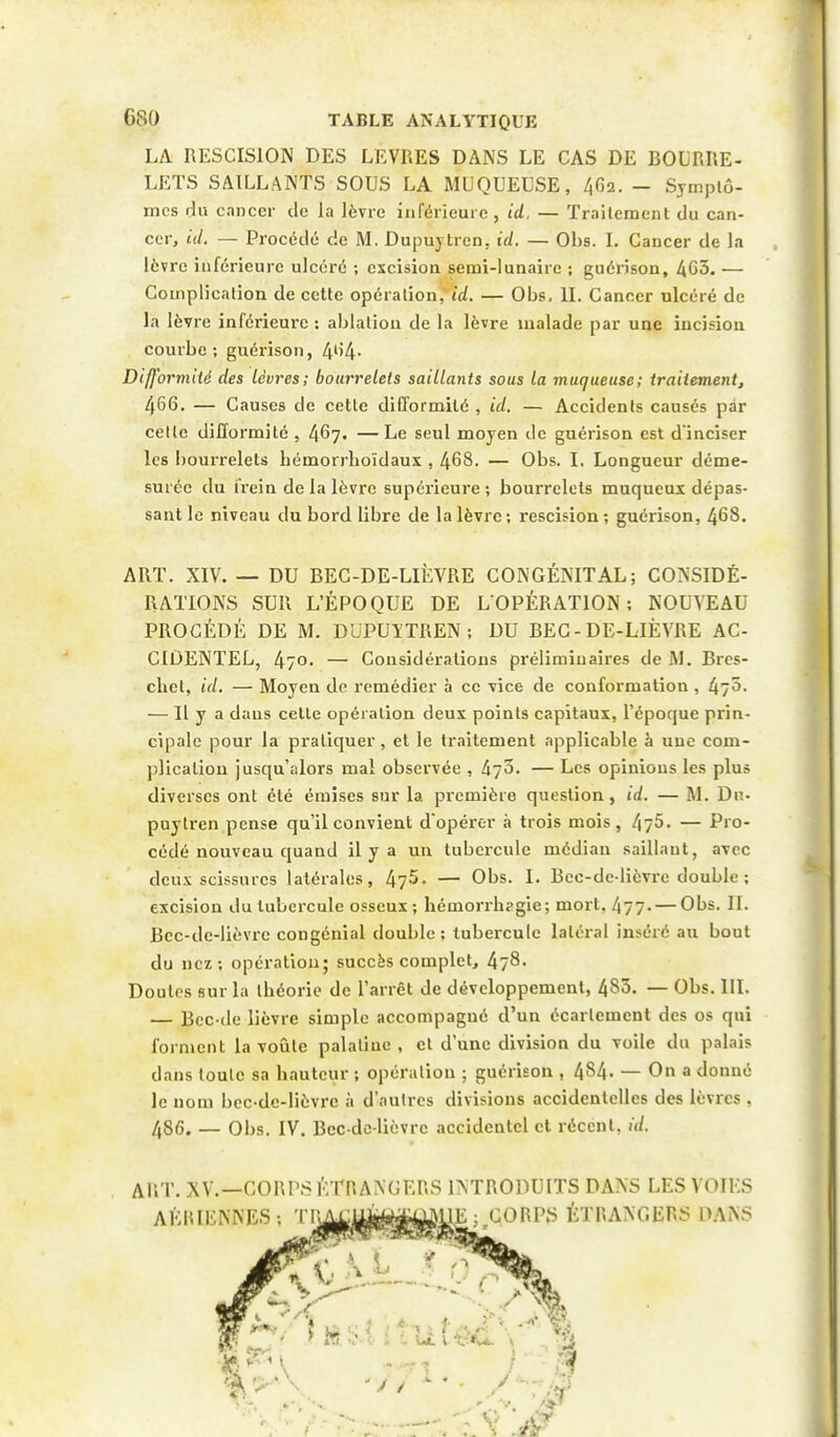 LA RESCISION DES LEVRES DANS LE CAS DE BOURRE- LETS SAILLANTS SOUS LA MUQUEUSE, 462. - Symptô- mes du cancer de la lèvre inférieure, id. — Traitement du can- cer, id. — Procédé de M. Dupuytrcn, id. — Obs. I. Cancer de la lèvre inférieure ulcéré ; excision semi-lunaire ; guérison, 463. — Complication de cette opération, id. — Obs, IL Cancer ulcéré de la lèvre inférieure : ablation de la lèvre malade par une incision courbe; guérison, Ao*4- Difformité des lèvres; bourrelets saillants sous la muqueuse; traitement, 466. — Causes de cette difformité , id. — Accidents causés par cette difformité , 467. — Le seul moyen de guérison est d'inciser les bourrelets hémorrhoïdaux , 468. — Obs. I. Longueur déme- surée du frein de la lèvre supérieure ; bourrelets muqueux dépas- sant le niveau du bord libre de la lèvre ; rescision ; guérison, 468. ART. XIV. — DU BEC-DE-LIÈVRE CONGÉNITAL; CONSIDÉ- RATIONS SUR L'ÉPOQUE DE L'OPÉRATION; NOUVEAU PROCÉDÉ DE M. DUPUîTREN; DU BEC-DE-LIÈVRE AC- CIDENTEL, 47°- — Considérations préliminaires de M. Bres- chel, id. — Moyen de remédier à ce vice de conformation , 473. — Il y a dans celle opération deux points capitaux, l'époque prin- cipale pour la pratiquer, et le traitement applicable à une com- plication jusqu'alors mal obsei'vée , 470- — Les opinions les plus diverses ont été émises sur la première question, id. — M. Du. puytren pense qu'il convient d opérer à trois mois, 476. — Pro- cédé nouveau quand il y a un tubercule médian saillant, avec deux scissures latérales, 475- — Obs. I. Bce-de-lièvre double ; excision du tubercule osseux ; hémorrhpgie; mort, 477. — Obs. IL Bec-de-lièvre congénial double; tubercule latéral inséré au bout du nez; opération; succès complet, 478. Doutes sur la théorie de l'arrêt de développement, 483. — Obs. III. — Bec de lièvre simple accompagné d'un écarlcmcnt des os qui forment la voûte palatine , et d'une division du voile du palais dans toute sa hauteur ; opération ; guérison , 484' — On a donné le nom bcc-dc-lièvrc à d'autres divisions accidentelles des lèvres . 486. — Obs. IV. Bcc-de-lièvrc accidentel et récent, id. A UT. XV.— CORPS ÉTRANGERS INTRODUITS DANS LES VOIES AÉRIENNES: TIUMifÉASfiMIli CORPS ÉTRANGERS DANS