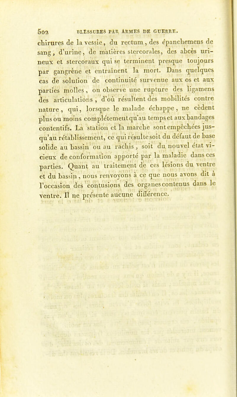 cliirures de la vessie, du reclum, des épancliemens de sang, d'urine, de matières slercorales, des abcès uri- neuis et stercoraux qui se terminent presque toujours par gangrène et entraînent la mort. Dans quelques cas de solution de continuité survenue aux os et aux parties molles , on observe une rupture des ligamens des articulations , d'où résultent des mobilités contre nature, qui, lorsque le malade échappe, ne cèdent plus ou moins complètement qu'au temps et aux bandages contentifs. La station et la marche sont empêchées jus- qu'au rétablissement, ce qui résulte soit du défaut de base solide au bassin'ou au rachis , soit du nouvel état vi- cieux de conformation apporté par la maladie dans ces parties. Quant au traitement de ces lésions du ventre et du bassin, nous renvoyons à ce que nous avons dit à l'occasion des ' contusions des organes contenus dans le ventre. Il ne présente aucune différence.