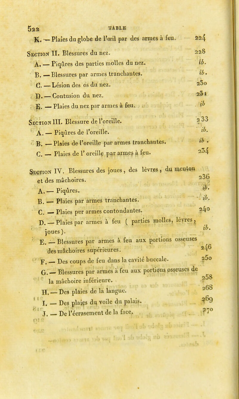 K. Plaies du globe de l'œil par des armes à feu. 224 Section ÏI. Blessures du nez. 228 A. — Piqûres des parties molles du nez. Ib. B. — Blessures par armes tranchantes. ib. G. —Lésion des os du nez. 23o , D. —Contusion du nez. 25i . E.—Plaies du nez par armes à feu. Section III. Blessure de l'oreille. ? 33 X. — Piqûres de l'oreille. ^ B. — Plaies de l'oreille par armes tranchantes. »^ • G. — Plaies de 1' oreille par armes à feu. ^34 Section IV. Blessures des joues , des lèvres , du meulon et des mâchoires. A. —Piqûres. B. — Plaies par armes tranchantes. ' G. Plaies pcr armes contondantes. 2.4o D. — Plaies par armes à feu ( parties molles, lèvres, V ib. joues ). ' E. —Blessures par armes à feu aux portions osseuses des mâchoires supérieures. • ' F. — Des coups de feu dans la cavilé buccale. ?5o G. — Blessures par armes à feu aux portions osseuses de la mâchoire inférieure. H. — Des plaies de la langue. ' ^ I. — Des plaiçs du voile du palais. ^' ' ■ J. — De l'ccrasemcnt de la face.