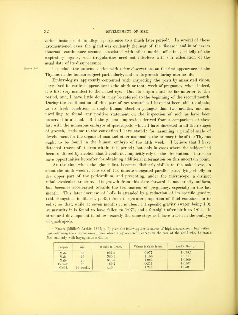 Before birth. various instances of its alleged persistence to a inucli later period^. In several of these last-mentioned cases the gland was evidently the seat of the disease ; and in others its abnormal continuance seemed associated with other morbid affections, chiefly of the respiratory organs; such irregularities need not interfere with our calculation of the usual date of its disappearance. I conclude the present section with a few observations on the first appearance of the Thymus in the human subject particularly, and on its growth during uterine life. Embryologists, apparently contented with inspecting the parts by unassisted vision, have fixed its earliest appearance in the ninth or tenth week of pregnancy, when, indeed, it is first very manifest to the naked eye. But its origin must be far anterior to this period, and, I have little doubt, may be referred to the beginning of the second month. During the continuation of this part of my researches I have not been able to obtain, in its fresh condition, a single human abortion younger than two months, and am unwilling to found any positive statement on the inspection of such as have been preserved in alcohol. But the general impression derived from a comparison of these last with the numerous embryos of quadrupeds, which I have dissected in all their stages of growth, leads me to the conviction I have stated ; for, assuming a parallel scale of development for the organs of man and other mammalia, the primary tube of the Thymus ought to be found in the human embryo of the fifth week. I believe that I have detected traces of it even within this period; but only in cases where the subject had been so altered by alcohol, that I could not imj)licitly rely on the observation. I trust to have opportunities hereafter for obtaining additional information on this uncertain point. At the time when the gland first becomes distinctly visible to the naked eye, in about the ninth week it consists of two minute elongated parallel parts, lying chiefly on the upper part of the pericardium, and presenting, under the microscope, a distinct tubulo-vesicular structure. Its growth from this date forward is not strictly uniform, but becomes accelerated towards the termination of pregnancy, especially in the last month. This later increase of bulk is attended by a reduction of its specific gravity, (vid. Haugsted, in lib. cit. p. 43,) from the greater proportion of fluid contained in its cells; so that, while at seven months it is about IT specific gravity (water being 1-0), at maturity it is found to have fallen to 1‘071, and a fortnight after birth to 1’02. In structural development it follows exactly the same steps as I have traced in the embryos of quadrupeds. 1 Krause (Muller’s Arcbiv. 1837, p. 6) gives the folio-wing five instances of high measurement, but without particularizing the circumstances under which they occurred ; except in the case of the child who, he states, died suddenly with laryngismus stridulus. Subject. Age. Weight in Grains. Volume in Cubic Inches. Specific Gravity. Male. 25 292-5 0-977 1-0352 Male. 25 380-3 1-156 1-0311 Male. 20 356-5 1-083 1-0309 Female. 28 69-2 0-211 1-0267 Child. 14 weeks. 440- 1-272 1-0591