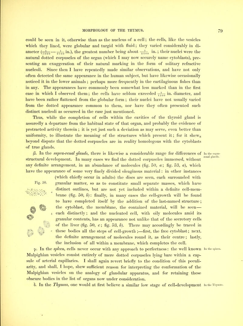 could be seen in it, otherwise than as the nucleus of a cell; the cells, like the vesicles which they lined, were gdobular and turgid with fluid; they varied considerably in di- ameter (7^ — 7^ in.), the greatest number being about in.; their nuclei were the ■natural dotted corpuscles of the organ (which I may now securely name cytoblasts), pre- senting an exaggeration of their natural marking in the form of solitary refractive nucleoli. Since then I have repeatedly made similar observations, and have not only often detected the same apj^earance in the human subject, but have likewise occasionally noticed it in the lower animals; j^erhaps more frequently in the cartilaginous fishes than in any. The appearances have commonly been somewhat less marked than in the first case in which I observed them; the cells have seldom exceeded in. diameter, and Pig;. 50. have been rather flattened from the globular form ; their nuclei have not usually varied from the dotted appearance common to them, nor have they often presented such distinct nncleoli as occurred in the case just mentioned. Thus, while the completion of cells within the cavities of the thyroid gland is assuredly a departure from the habitual state of that organ, and probably the evidence of protracted activity therein ; it is yet just such a deviation as may serve, even better than uniformity, to illustrate the meaning of the structures which present it; for it shewg beyond dispute that the dotted corpuscles are in reality homologous with the cytoblasts of true glands. i3. In the supra-renal glands, there is likewise a considerable range for differences of in the supia- 111 T niiii I* i'i renal glands. strnctural development. In many cases we find the dotted corpuscles immersed, without any definite arrangement, in an abundance of molecules (fig. 50, a\ fig. 53, a), which have the apjiearance of some very finely divided oleaginous material; in other instances (which chiefly occur in adults) the discs are seen, each surrounded with granular matter, so as to constitute small separate masses, which have distinct outlines, but are not yet included within a definite cell-mem- brane (fig. 50, b): finally, in many cases the cell-growth will be found to have completed itself by the addition of the last-named structure ; the cytoblast, the membrane, the contained material, will be seen— each distinctly; and the nucleated cell, with oily molecules amid its granular contents, has an appearance not unlike that of the secretory cells of the liver (fig. 50, c; fig. 53, b). There may accordingly be traced in these bodies all the steps of cell-growth ;—first, the free cytoblast; next, the definite arrangement of molecules round it, as their centre; lastly, the inclusion of all within a membrane, which completes the cell. y. In the spleen, cells never occur with any approach to perfectness: the well known in the spleen. Malpighian vesicles consist entirely of mere dotted corpuscles lying bare within a cap- sule of arterial capillaries. I shall again revert briefly to the condition of this peculi- arity, and shall, I hope, shew sufficient reason for inteiqireting the conformation of the Malpighian vesicles on the analogy of glandular apparatus, and for retaining these obscure bodies in the list of organs now under consideration. h. In the Thymus, one would at first believe a similar low stage of cell-development in the Thymus