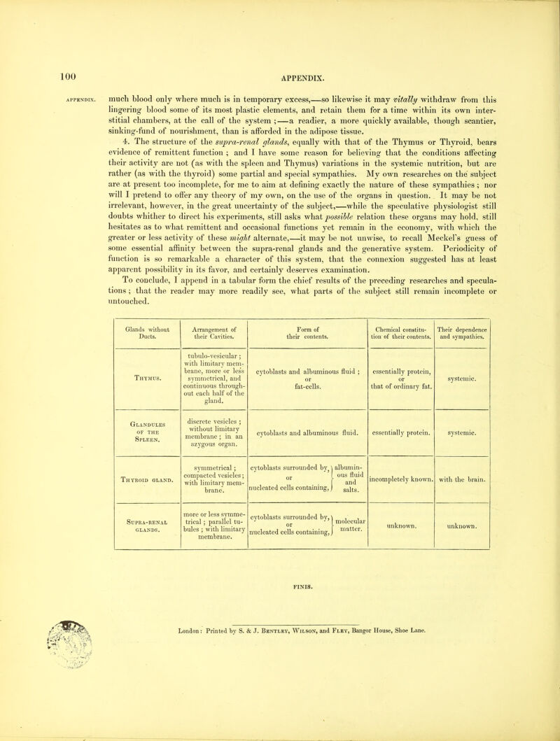APPENDIX. much blood only where much is in temporary excess,—so likewise it may vitally withdraw from this lingering blood some of its most plastic elements, and retain them for a time within its own inter- stitial chambers, at the call of the system ;—a readier, a more quickly available, though scantier, sinking-fund of nourishment, than is afforded in the adipose tissue. 4. The structure of the supra-renal glands, equally with that of the Thymus or Thyroid, bears evidence of remittent function ; and I have some reason for believing that the conditions affecting their activity are not (as with the spleen and Thymus) variations in the systemic nutrition, but are rather (as with the thyroid) some partial and special sympathies. My own researches on the subject are at present too incomplete, for me to aim at defining exactly the nature of these sympathies ; nor will I pretend to ofter any theory of my own, on the use of the organs in question. It may he not irrelevant, however, in the great uncertainty of the .subject,—while the speculative physiologist still doubts whither to direct his experiments, still asks what possible relation these organs may hold, .still hesitates as to what remittent and occasional functions yet remain in the economy, with which the greater or less activity of these might alternate,—it may be not unwise, to recall Meckel’s guess of some essential affinity between the supra-renal glands and the generative system. Periodicity of function is so remarkable a eharacter of this system, that the connexion suggested has at least apparent possibility in its favor, and certainly desei'ves examination. To conclude, I append in a tabular form the chief results of the preceding researches and specula- tions ; that the reader may more readily see, what parts of the subject still remain incomplete or untouched. Glands without Ducts. Arrangement of their Cavities. Form of their contents. Chemical constitu- tion of their contents. Their dependence and sympathies. Thymus. tubulo-vesicular ; with limitary mem- brane, more or les’s symmetrical, and continuous through- out each half of the gland. cytoblasts and albuminous fluid ; or fat-cells. essentially protein, or that of ordinary fat. systemic. Glandules OF THE Spleen. discrete vesicles ; without limitary membrane ; in an azygous organ. cytoblasts and albuminous fluid. essentially protein. systemic. Thyroid gland. symmetrical; compacted vesicles; with limitary mem- brane. cytoblasts surrounded by^ or nucleated cells containing, albumin- ous fluid and salts. incompletely known. with the brain. Supra-renal glands. more or less symme- trical ; parallel tu- bules ; with limitary membrane. cytoblasts surrounded by, or nucleated cells containing, molecular matter. unknown. unknown. FINIS. London: Printed by S. & J. Bentley, Wilson, and Fley, Bangor House, Shoe Lane.