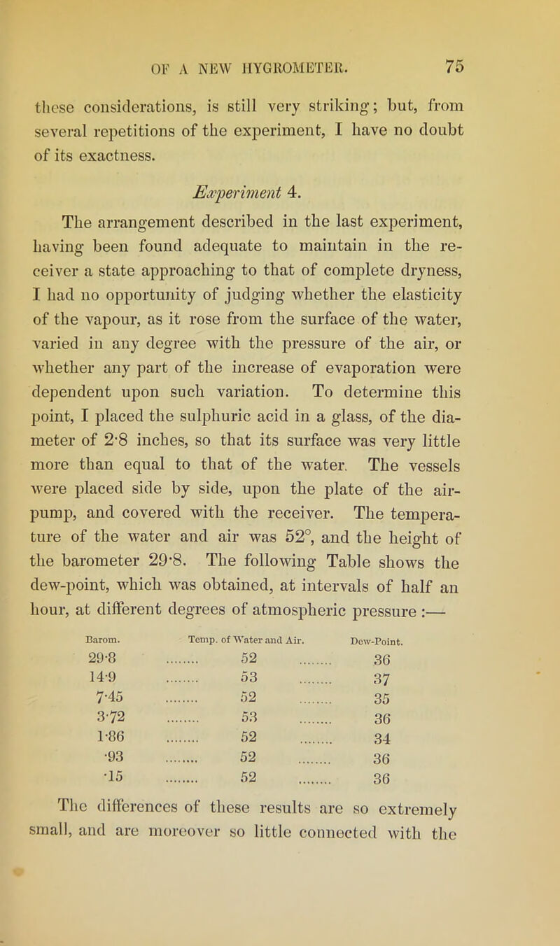 these considerations, is still very striking; but, from several repetitions of the experiment, I have no doubt of its exactness. Experiment 4. The arrangement described in the last experiment, having been found adequate to maintain in tlie re- ceiver a state approaching to that of complete dryness, I had no opportunity of judging whether the elasticity of the vapour, as it rose from the surface of the water, varied in any degree with the pressure of the air, or whether any part of the increase of evaporation were dependent upon such variation. To determine this point, I placed the sulphuric acid in a glass, of the dia- meter of 2'8 inches, so that its surface was very little more than equal to that of the water. The vessels were placed side by side, upon the plate of the air- pump, and covered with the receiver. The tempera- ture of the water and air was 52°, and the height of the barometer 29*8. The following Table shows the dew-point, which was obtained, at intervals of half an hour, at different degrees of atmospheric pressure :— Barom. Temp, of Water and Air. Dew-Point. 29-8 52 36 14-9 53 37 7-45 52 35 372 53 36 1-86 52 34 to w 52 36 •15 52 36 The differences of these results are so extremely small, and are moreover so little connected with the