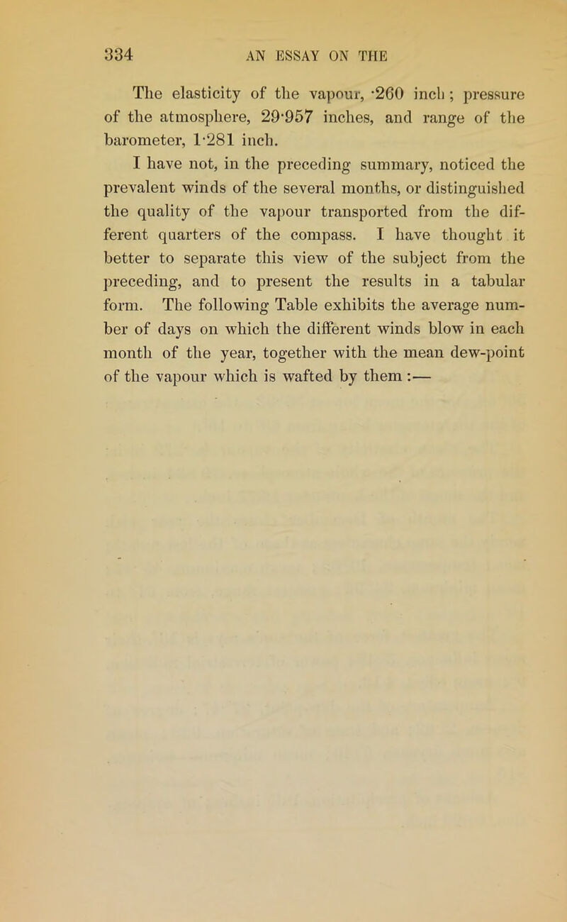 The elasticity of the vapour, -260 inch ; pressure of the atmosphere, 29-957 inches, and range of the barometer, 1-281 inch. I have not, in the preceding summary, noticed the prevalent winds of the several months, or distinguished the quality of the vapour transported from the dif- ferent quarters of the compass. I have thought it better to separate this view of the subject from the preceding, and to present the results in a tabular form. The following Table exhibits the average num- ber of days on which the different winds blow in each month of the year, together with the mean dew-point of the vapour which is wafted by them :—