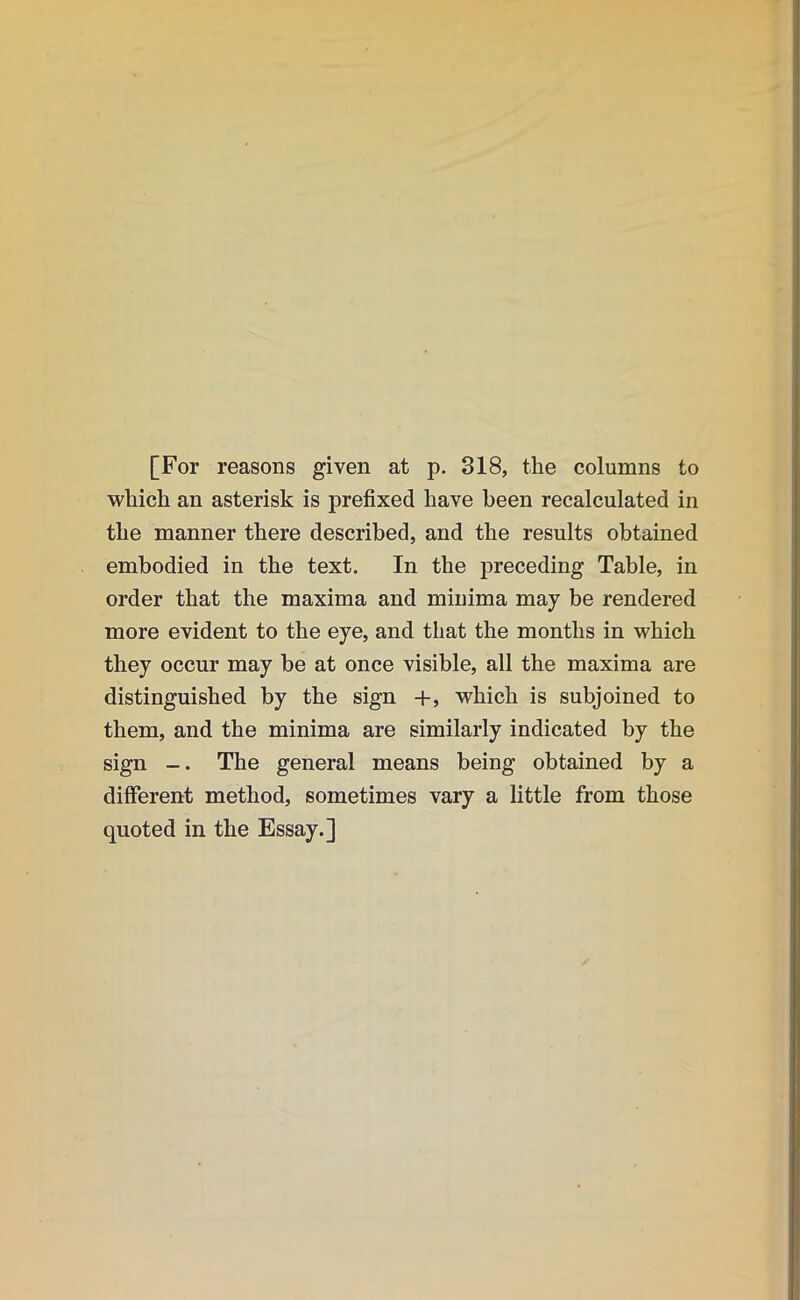 [For reasons given at p. 318, the columns to which an asterisk is prefixed have been recalculated in the manner there described, and the results obtained embodied in the text. In the preceding Table, in order that the maxima and minima may be rendered more evident to the eye, and that the months in which they occur may be at once visible, all the maxima are distinguished by the sign +, which is subjoined to them, and the minima are similarly indicated by the sign The general means being obtained by a different method, sometimes vary a little from those quoted in the Essay.]