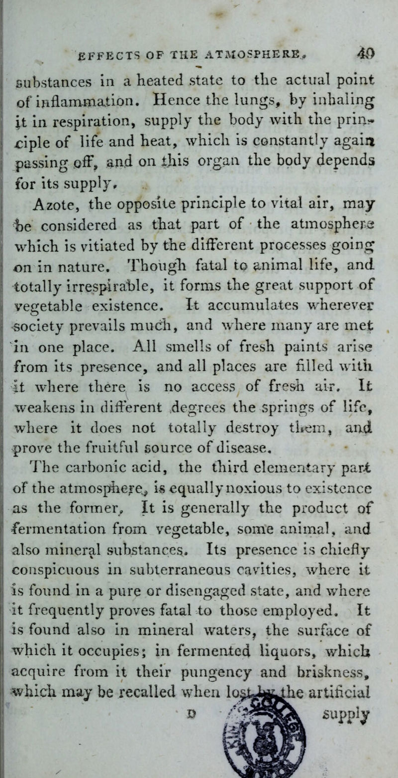 substances In a heated state to tlie actual point of inflam-mation. Hence the lungs, by inhaling it in respiration, supply the body with the prin- ciple of life and heat, which is constantly again passing off, and on this organ the body depends for its supply. Azote, the opposite principle to vital air, may be considered as that part of the atmosphere which is vitiated by the different processes going on in nature. Though fatal to animal life, and totally irrespirahle, it forms the great support of vegetable existence. It accumulates wherever society prevails much, and where many are met In one place. All smells of fresh paints arise from its presence, and all places are filled with It where there is no access of fresh air. It weakens in different degrees the springs of life, where it does not totally destroy them, an.d prove the fruitful source of disease. The carbonic acid, the third elementary pari of the atmosphe,re,^ is equally noxious to existence as the former. It is generally the product of fermentation from vegetable, some animal, and also mineral substances. Its presence is chiefly conspicuous in subterraneous cavities, where it is found in a pure or disengaged state, and where It frequently proves fatal to those employed. It is found also in mineral waters^ the surface of which it occupies; in fermented liquors, which acquire from it their pungency and briskness, which may be recalled when lo^^yjiLlhe artificial