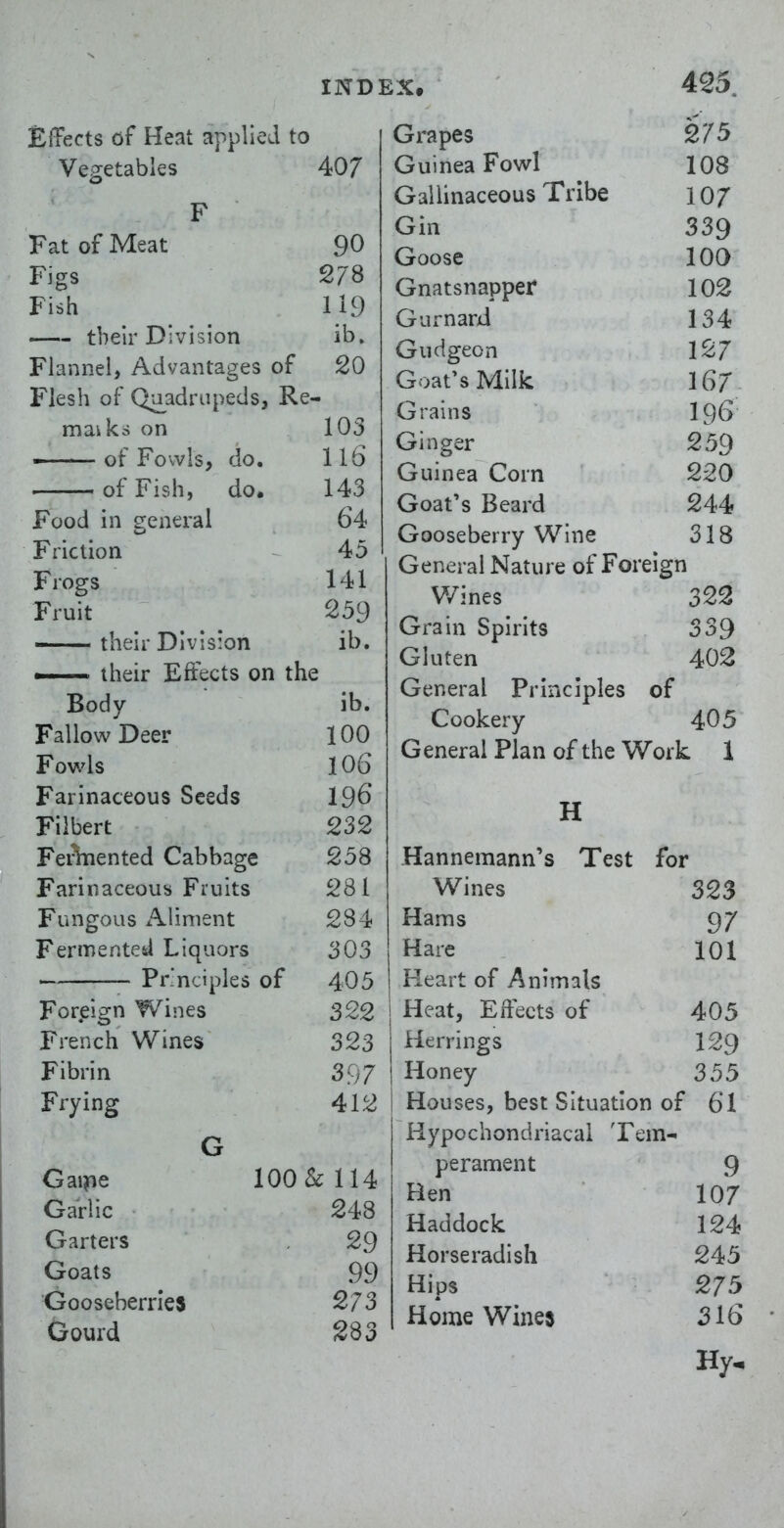 EiTects of Heat applied to Vegetables 407 Fat of Meat 90 Figs 278 Fish 119 their Division ib. Flannel, Advantages of 20 Flesh of Quadrupeds, Re- marks on 103 of Fowls, do. 116 of Fish, do. 143 Food in general 64 Friction 45 Frogs 141 Fruit 259 their Division ib. — their Effects on the Body ib. Fallow Deer 100 Fowls 106 Farinaceous Seeds I96 Filbert 232 Ferhiented Cabbage 258 Farinaceous Fruits 281 Fungous Aliment 284 Fermented Liquors 303 — Principles of 405 Foreign Wines 322 French Wines 323 Fibrin 397 Frying 412 G Gaipe Garlic Garters Goats Gooseberries Gourd 100& 114 248 29 99 273 283 Grapes Guinea Fowl lUo ijaiiinaceouo xiiuc lU/ Cjin 339 Goose Gnatsnapper Gurnarjd 1 Gudgeon 1^/ lorvjat s JVIilic 10/ Grains 19b Ginger ^oy Guinea Corn 220 Goat's Beard 244 Gooseberry Wine 318 General Nature of Foreign Whines 322 Grain Spirits 339 Gluten 402 General Principles of Cookery 405 General Plan of the Work 1 H Hannemann's Test for Wines 323 Hams 97 Hare 101 Heart of Animals Heat, Effects of 405 Herrings 129 Honey 355 Houses, best Situation of 61 Hypochondriacal Tern* per amen t 9 Hen 107 Haddock 124 Horseradish 245 Hips 275 Home Wines 316 Hy.