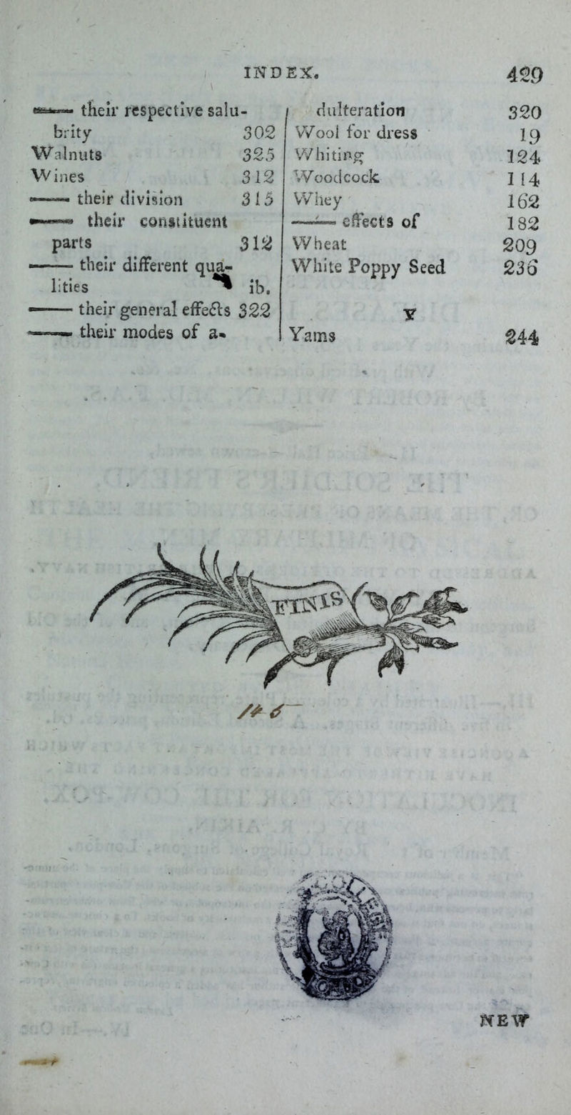 4W their respective salu- brity 302 Walnuts 325 Wines 312 »— their division 315 —*» their earistkuem parts 312 — their different qua- lities ib. —— their general effe(5ls 322 - their modes of a* diilteratioti VVool for dress Whiting Woodcock Whey —— efects of Wheat White Poppy Seed Yams 320 19 124 I 14 162 182 209 236 tiEvr
