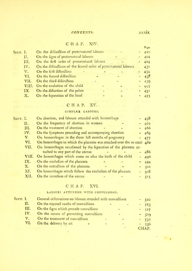 Sect. Sect. CONTENTS. XXXIX CHAP. XIV. P.igr. ir. On the figns of preternatural labours - 424 in. On the firfh order of preternatural labours - 424 IV. On the didindtions of the fecond order of preternatural labours 431 V. On the fil'd: didindtion - - - - 434 VI. On the fecond didindfion - 438 vir. On the third didindtion - 439 VIII. On the evolution of the child - 445 IX. On the didortion of the pelvis - 451 X. On the reparation of the head - 455 CHAP. XV. COMPLEX LABOURS. i. On abortion, and labours attended with hemorrhage - 458 ii. On the frequency of abortion in women - 462 in. On the treatment of abortion - 466 IV. On the fymptoms preceding and accompanying abortion - 469 V. On hemorrhages in the three lad months of pregnancy - 477 VI. On hemorrhages in which the placenta was attached over the os uteri 480 VII. On hemorrhages occafioned by the feparation of the placenta at- , tached to any part of the uterus - 486 VIII. On hemorrhages which come on after the birth of the child - 490 IX. On the exclufion of the placenta - 494 X. On the extradlion of the placenta - 5°r XI. On hemorrhages which follow the exclufion of the placenta - 508 XII. On the inverfion of the uterus - 5i5 CHAP. XVI. LABOURS ATTENDED WITH CONVULSIONS. I. General obfervations on labours attended with convulfions 520 II. On the reputed caufes of convulfions - 523 III. On the figns which precede convulfions - 527 IV. On the means of preventing convulfions - 529 V. On the treatment of convulfions - 532 VI. On the delivery by art - 536