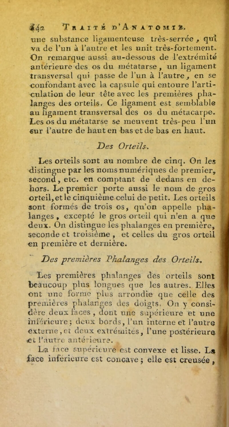 mie substance ligamenteuse très-serrée , qui va de l’un à l’autre et les unit très-fortement. On remarque aussi au-dessous de rextrémité antérieure des os du métatarse , un ligament transversal qui passe de l’un à l’autre^ en se confondant avec la capsule qui entoure l’arti- culation de leur tête avec les premières pha- langes des orteils. Ce ligament est semblable au ligament transversal des os du métacarpe. Les os du métatarse se meuvent très-peu l’un €ur l’autre de haut en bas et de bas en haut. . T) es Orteils, Les orteils sont au nombre de cinq. Gn les distingue par les noms numériques de premier, second, etc. en comptant de dedans en de- hors. Le premier porte aussi le nom de gros orteil, et le cinquième celui de petit. Les orteils sont formés de trois os, qu’on appelle pha- langes , excepté le gros orteil qui n’en a que deux. On distingue les phalanges en première, seconde et troisième , et celles du gros orteil en première et dernière. Des premières Vhalanges des Orteils^ Les premières phalanges des orteils sont beaucoup plus longues que les autres. Elles ont une forme plus arrondie que celle des premières phalanges des doigts, On y consi- dère deux faces , dont une supérieure et une inférieure; deux bords, l’un interne et l’autre externe,et deux extrémités, l’une postérieure et l’autre antérieure. La tare supérieure est convexe et lisse. La Lace inferieure est concave ; elle est creusée ,