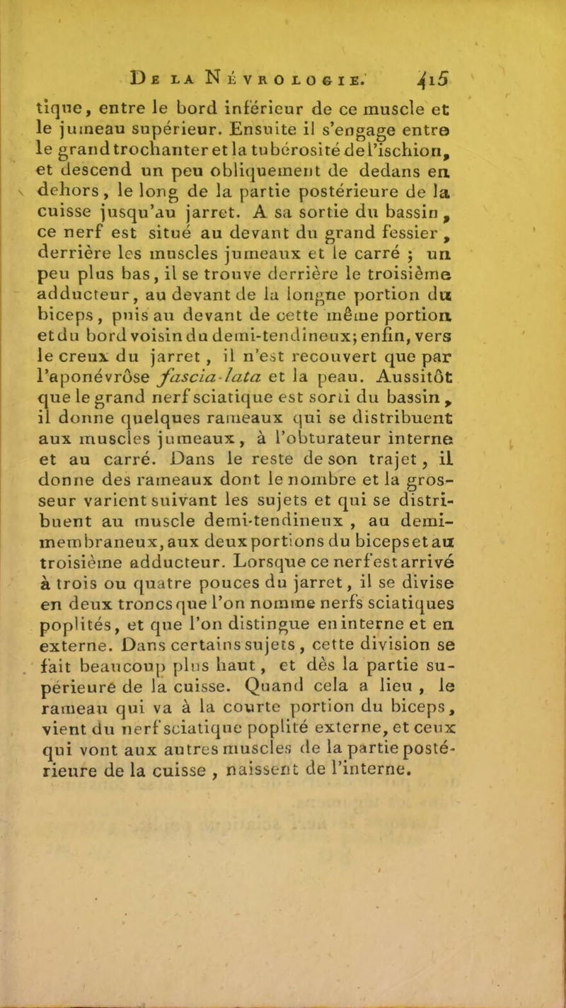 tique, entre le bord intérieur de ce muscle et le j uineau supérieur. Ensuite il s’engage entre le grand trochanter et la tu bérosité de l’ischion, et descend un peu obliquement de dedans en dehors, le long de la partie postérieure de la cuisse jusqu’au jarret. A sa sortie du bassin , ce nerf est situé au devant du grand fessier , derrière les muscles jumeaux et le carré ; un peu plus bas, il se trouve derrière le troisième adducteur, au devant de la longue portion du biceps, puis au devant de cette même portion etdu bordvoisindu demi-tendineux;enfin, vers le creux du jarret , il n’est recouvert que par l’aponévrose fascia lata et la peau. Aussitôt que le grand nerf sciatique est sorti du bassin , il donne quelques rameaux qui se distribuent aux muscles jumeaux, à l’obturateur interne et au carré. Dans le reste de son trajet, il. donne des rameaux dont le nombre et la gros- seur varient suivant les sujets et qui se distri- buent au muscle demi-tendineux , au demi- membraneux, aux deuxportions du bicepsetaut troisième adducteur. Lorsque ce nerf est arrivé à trois ou quatre pouces du jarret, il se divise en deux troncs que l’on nomme nerfs sciatiques poplités, et que l’on distingue en interne et en externe. Dans certains sujets , cette division se fait beaucoup plus haut, et dès la partie su- périeure de la cuisse. Quand cela a lieu , le rameau qui va à la courte portion du biceps, vient du nerf sciatique poplité externe, et ceux qui vont aux autres muscles de la partie posté- rieure de la cuisse , naissent de l’interne.