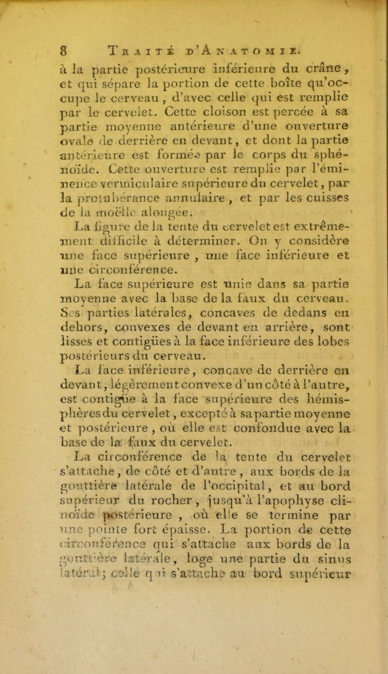 à la partie postérieure inférieure du crâne, et qui sépare la portion de cette boîte qu’oc- cupe le cerveau , d’avec celle qui est remplie par le cervelet. Cette cloison est percée à sa partie moyenne antérieure d’une ouverture ovale de derrière en devant, et dont la partie antérieure est formé-) par le corps du sphé- noïde. Cette ouverture est remplie par l’émi- nence vermiculaire supérieure du cervelet, par la protubérance annulaire, et par les cuisses de la moelle alengée, La figure de la tente du cervelet est extrême- ment difficile à déterminer. On y considère une face supérieure , une face inférieure et une circonférence. La face supérieure est unie dans sa partie moyenne avec la base delà faux du cerveau. Ses parties latérales, concaves de dedans en dehors, convexes de devant en arrière, sont lisses et contiguës à la face inferieure des lobes postérieurs du cerveau. La face inférieure, concave de derrière en devant, légèrement convexe d'un côté à l’autre, est contiguë à la face supérieure des hémis- phères du cervelet, excepté à sa partie moyenne et postérieure , où elle est confondue avec la hase de la faux du cervelet. La ciiconférence de la tente du cervelet s’attache, de côté et d’autre , aux bords de la gouttière latérale de l’occipital, et au bord supérieur du rocher, jusqu’à l’apophyse cii- noide |K)stérieure , où elle se termine par une pointe fort épaisse. La portion de cette circonférence qui s’attache aux bords de la gontt’ère latérale, loge une partie du sinus latéral j celle qui s’attache au bord supérieur (