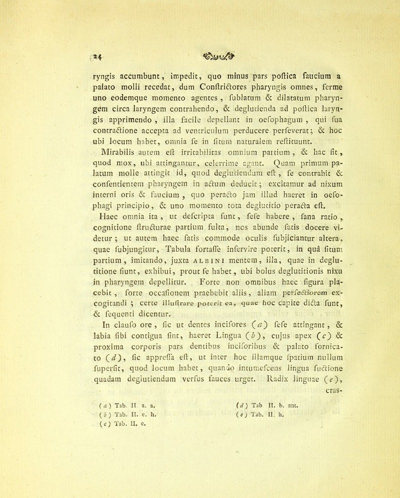 M ryngis accumbunt, impedit, quo minus pars poftica faucium a palato molli recedat, dum Conftriftores pharyngis omnes, ferme uno eodemque momento agentes , fublatum & dilatatum pharyn- gem circa laryngem contrahendo, & deglutienda ad poftica laryn- gis apprimendo , illa facile depellant in oefophagum , qui fua concradtione accepta ad ventriculum perducere perfeverat; & hoc ubi locum habet, omnia fe in litum naturalem reftituunt. Mirabilis autem eft irritabilitas omnium partium, & hac fit, quod mox, ubi attingantur, celerrime agant. Quam primum pa- latum molle attingit id, quod deglimendum eft , fe contrahit <$c confentientem pharyngem in adutn deducit; excitamur ad nixum interni oris & faucium , quo perafto jam illud haeret in oefo- phagi principio, & uno momento tota deglutitio perafta efi;. Haec omnia ita , ut defcripta fune, fele habere , fana ratio , cognitione ftrudturae partium fulta, nos abunde facis docere vi- detur; ut autem haec fatis commode oculis fubjiciantur altera, quae fubjungitur, Tabula fortafte infervire poterit, in qua fitum partium, imitando, juxta albini mentem, illa, quae in deglu- titione fiunt, exhibui, prout fe habet, ubi bolus deglutitionis nixu in pharyngem depellitur. Forte non omnibus haec figura pla- cebit , forte occafionem praebebit aliis, aliam perferiorem ex- cogitandi ; cerce illuftrare poterit ea, quae hoc capite didla funt, & fequenti dicentur. In claufo ore, fic ut dentes incifores (a) fefe attingant, & labia fibi contigua fint, haeret Lingua (fr), cujus apex (c) & proxima corporis pars dentibus inciforibus & palato fornica- to (t/), fic appreffa efi:, ut inter hoc illamque Ipatium nullum fuperfic, quod locum habet, quando intumefeens lingua fudione quadam degiutiendum verfus fauces urget, lladix linguae (<?), cras- (a) Tab. II a. a. (d) Tab II. b. ant. ( b ) Tab. II. e. h. (e) Tab. II, h,