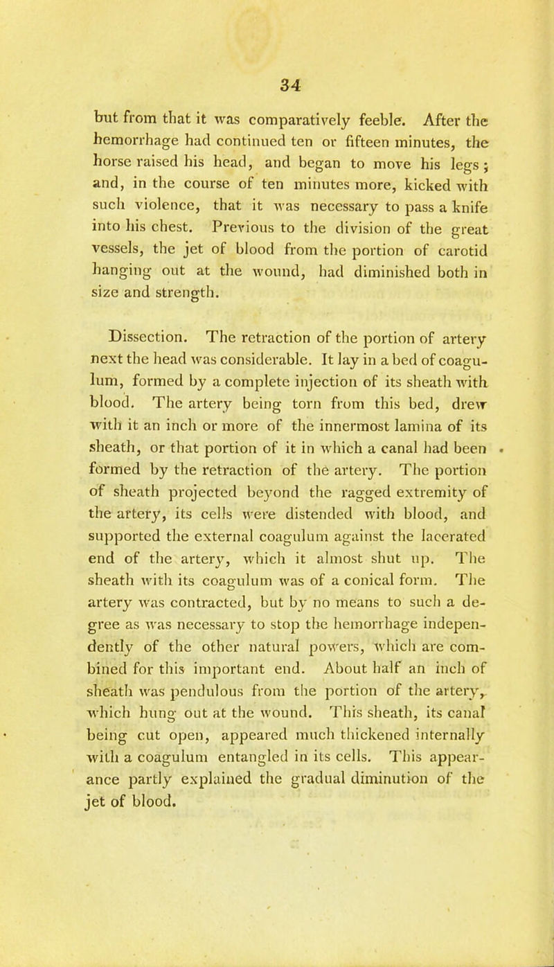 but from that it was comparatively feeble. After the hemorrhage had continued ten or fifteen minutes, the horse raised his head, and began to move his legs; and, in the course of ten minutes more, kicked with such violence, that it vras necessary to pass a knife into his chest. Previous to the division of the great vessels, the jet of blood from the portion of carotid hanging out at the wound, had diminished both in size and strength. Dissection. The retraction of the portion of artery next the head was considerable. It lay in a bed of coagu- lum, formed by a complete injection of its sheath with blood. The artery being torn from this bed, drew with it an inch or more of the innermost lamina of its sheath, or that portion of it in which a canal had been • formed by the retraction of the artery. The portion of sheath projected beyond the ragged extremity of the artery, its cells were distended with blood, and supported the external coagulum against the lacerated end of the artery, which it almost shut up. The sheath with its coaofulum was of a conical form. The artery was contracted, but by no means to such a de- gree as was necessary to stop the hemorrhage indepen- dently of the other natural powers, which are com- bined for this important end. About half an inch of sheath was pendulous from the portion of the artery, which hung out at the wound. This sheath, its canal being cut open, appeared much thickened internally with a coagulum entangled in its cells. This appear- ance partly explained the gradual diminution of the jet of blood.