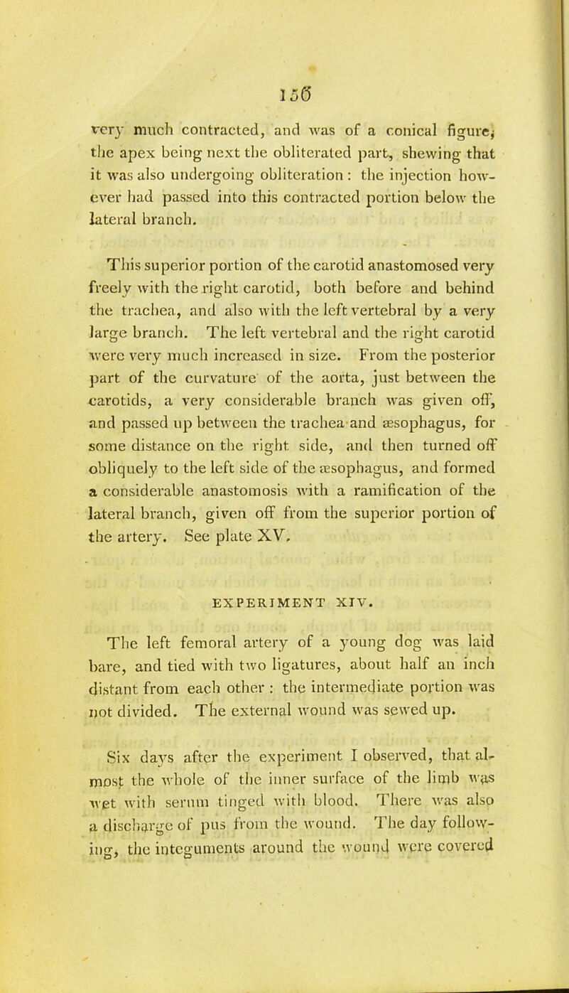 very much contracted, and was of a conical figure j the apex being next the obliterated part, shewing that it was also undergoing obliteration : the injection how- ever had passed into this contracted portion below the lateral branch. This superior portion of the carotid anastomosed very freely with the right carotid, both before and behind the trachea, and also with the left vertebral by a very large branch. The left vertebral and the right carotid were very much increased in size. From the posterior part of the curvature of the aorta, just between the carotids, a very considerable branch was given off, and passed up between the trachea and aesophagus, for some distance on the right side, and then turned off obliquely to the left side of the aesophagus, and formed a considerable anastomosis with a ramification of the lateral branch, given off from the superior portion of the artery. See plate XV. EXPERIMENT XIV. The left femoral artery of a young dog was laid bare, and tied with two ligatures, about half an inch distant from each other : the intermediate portion was not divided. The external wound was sewed up. Six days after the experiment I observed, that al- most the whole of the inner surface of the limb was wet with serum tinged with blood. There was also a discharge of pus from the wound. The day follow- ing, the integuments around the wound were covered