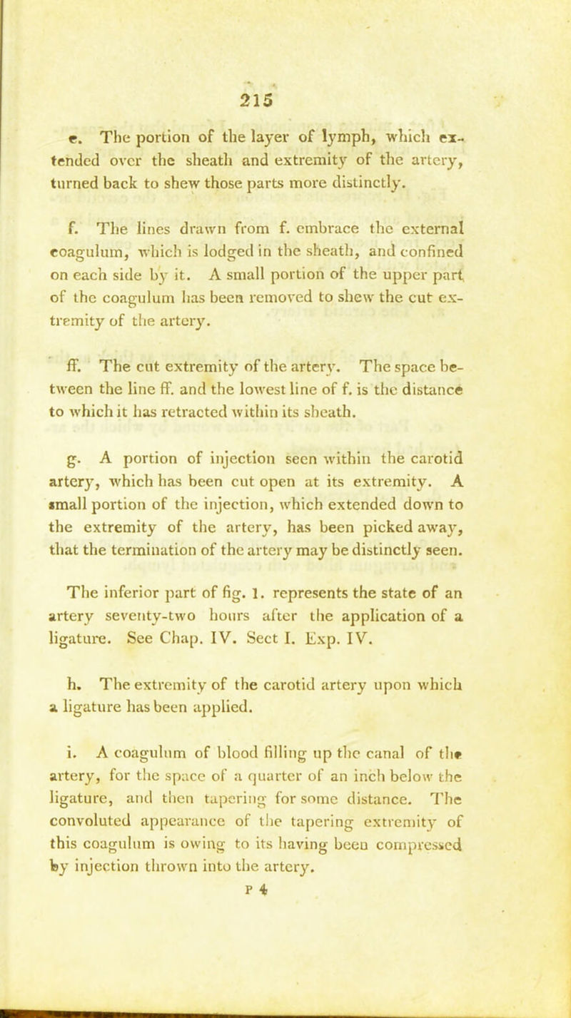 215 e. The portion of the layer of lymph, which ex- tended over the sheath and extremity of the artery, turned back to shew those parts more distinctly. f. The lines drawn from f. embrace the external eoagulum, which is lodged in the sheath, and confined on each side by it. A small portion of the upper part of the eoagulum lias been removed to shew the cut ex- tremity of the artery. ff. The cut extremity of the artery. The space be- tween the line ff. and the lowest line of f. is the distance to which it has retracted within its sheath. g. A portion of injection seen within the carotid artery, which has been cut open at its extremity. A small portion of the injection, which extended down to the extremity of the artery, has been picked away, that the termination of the artery may be distinctly seen. The inferior part of fig. 1. represents the state of an artery seventy-two hours after the application of a ligature. See Chap. IV. Sect I. Exp. IV. h. The extremity of the carotid artery upon which a ligature has been applied. i. A eoagulum of blood filling up the canal of th* artery, for the space of a quarter of an inch below the ligature, and then tapering for some distance. The convoluted appearance of the tapering extremity of this eoagulum is owing to its having beeu compressed by injection thrown into the artery. P 4