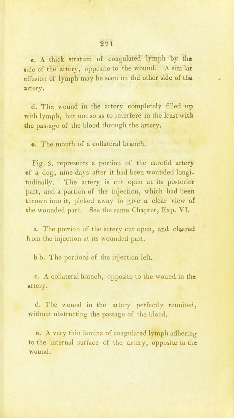 221 «. A thick stratum of coagulated lymph by the side of the artery, opposite to the wound. A similar effusion of lymph may be seen on the other side of the artery. d. The wound in the artery completely filled up with lymph, but not so as to interfere in the least with the passage of the blood through the artery. e. The mouth of a collateral branch. Fig. 3. represents a portion of the carotid artery of a dog, nine days after it had been wounded longi- tudinally. The artery is cut open at its posterior part, and a portion of the injection, which had been thrown into it, picked away to give a clear view of the wounded part. See the same Chapter, Exp. VI. a. The portion of the artery cut open, and cleared from the injection at its wounded part. b b. The portions of the injection left. c. A collateral branch, opposite to the wound in the artery. d. The wound in the artery perfectly reunited, without obstructing the passage of the blood. e. A very thin lamina of coagulated lymph adhering to the internal surface of the artery, opposite to the wound.