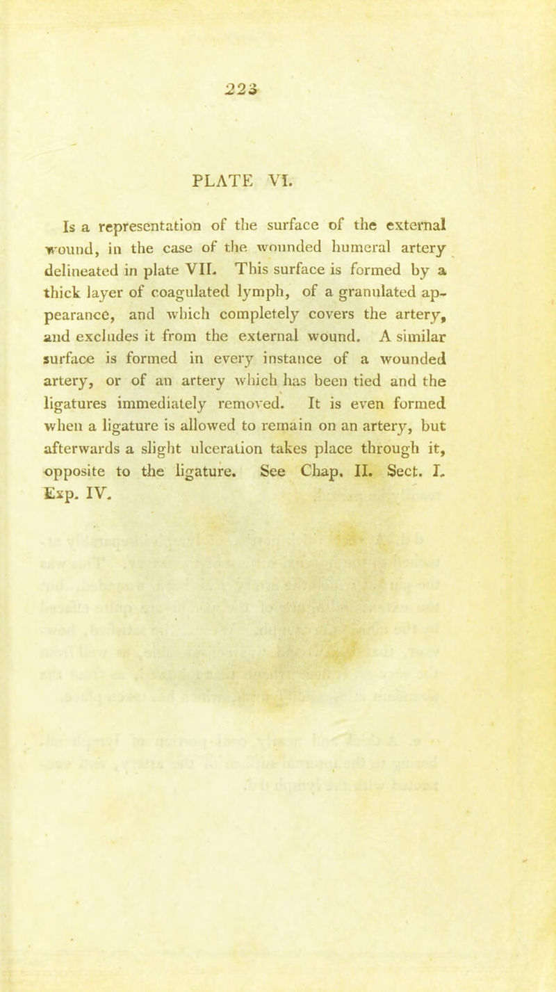 2 23 PLATE VI. Is a representation of the surface of the external •wound, in the case of the wounded humeral artery- delineated in plate VII. This surface is formed by a thick layer of coagulated lymph, of a granulated ap- pearance, and which completely covers the artery, and excludes it from the external wound. A similar surface is formed in every instance of a wounded artery, or of an artery which has been tied and the ligatures immediately removed. It is even formed when a ligature is allowed to remain on an artery, but afterwards a slight ulceration takes place through it, opposite to the ligature. See Chap. II. Sect. I. Exp. IV.