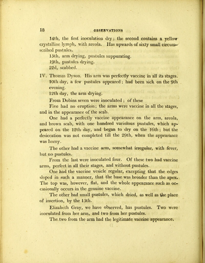 14th, the first inoculation dry; the second contains a yellow crystalline lymph, with areola. Has upwards of sixty small circuit scribed pustules. 15th, arm drying, pustules suppurating. 19th, pustules drying. 22d, scabbed. IV. Thomas Dyson, His arm was perfectly vaccine in all its stages. 10th day, a few pustules appeared; had been sick on the 9th evening. 12th day, the arm drying. From Dobins seven were inoculated ; of these Five had no eruption; the arms were vaccine in all the stages, and in the appearance of the scab. One had a perfectly vaccine appearance on the arm, areola, and brown scab, with one hundred variolous pustules, which ap- peared on the 12th day, and began to dry on the 16th; but the desiccation was not completed till the 29th, when the appearance was horny. The other had a vaccine arm, somewhat irregular, with fever, but no pustules. From the last were inoculated four. Of these two had vaccine arms, perfect in all their stages, and without pustules. One had the vaccine vesicle regular, excepting that the edges sloped in such a manner, that the base was broader than the apex. The top was, however, flat, and the whole appearance such as oc- casionally occurs in the genuine vaccine. The other had small pustules, which dried, as well as the place of insertion, by the 15th. Elizabeth Gray, we have observed, has pustules. Two were inoculated from her arm, and two from her pustules. The two from the arm had the legitimate vaccine appearance.