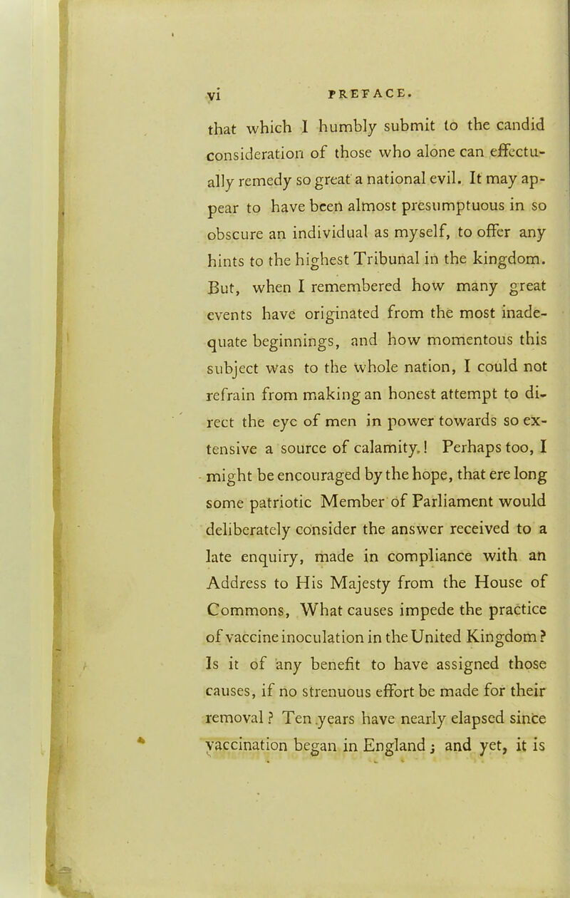 that which 1 humbly submit to the candid consideration of those who alone can effectu- ally remedy so great a national evil. It may ap- pear to have been almost presumptuous in so obscure an individual as myself, to offer any hints to the highest Tribunal in the kingdom. But, when I remembered how many great events have originated from the most inade- quate beginnings, and how momentous this subject was to the whole nation, I could not refrain from wiaking an honest attempt to di- rect the eye of men in power towards so ex- tensive a source of calamity.! Perhaps too, I might be encouraged by the hope, that ere long some patriotic Member of Parliament would deliberately consider the answer received to a late enquiry, made in compliance with an Address to His Majesty from the House of Commons, What causes impede the practice of vaccine inoculation in the United Kingdom ? Is it of any benefit to have assigned those causes, if no strenuous effort be made for their removal ? Ten .years have nearly elapsed since vaccination began in England; and yet, it is