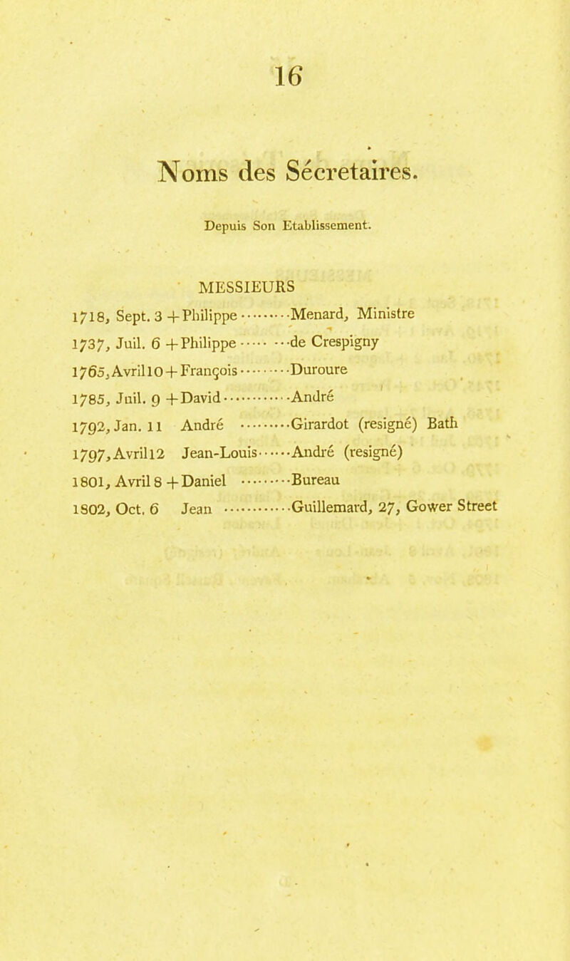 Noms des Secretaires. Depuis Son Etablissement. MESSIEURS 1718, Sept. 3 + Philippe Menard, Ministre 1737, Juil. 6 + Philippe de Crespigny 1765, Avril 10 + François Duroure 1785, Juil. g David André 1792, Jan. il André Girardot (resigné) Bath 1797, Avril 12 Jean-Louis André (resigné) 1801, Avril 8 + Daniel Bureau 1S02, Oct. 6 Jean Guillemard, 27, Gower Street