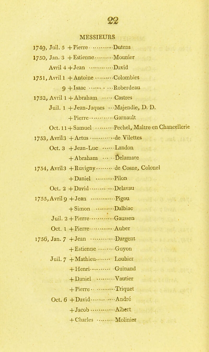 MESSIEURS 1749, Juil. 5 + Pierre Dutens 1750, Jan. 3 +Estienne Mounier Avril 4+Jean David 1751, Avril 1 + Antoine Colombies 9 4-Isaac Roberdeau 1752, Avril 1 + Abraham Castres Juil. 1 + Jean-Jaques ■ ••Majendie, D. D. + Pierre Garnault Oct. 11 + Samuel Pechel, Maître en Chancellerie 1753, Avril3 +Artus de Yilettes Oct. 3 + Jean-Luc Landon + Abraham Delamare 1754, Avril3 4-Ruvigny de Cosne, Colonel 4-Daniel Pilon Oct. 2 + David ---Delavau 1755, Avril 9 + Jean Pigou 4-Simon Dalbiac Juil. 2 -f Pierre Gaussen Oct. 1 4-Pierre Auber 1756, Jan. 7 4-Jean Dargent 4-Estienne Guyon Juil. 7 4-Mathieu Loubier -)-Henri Guinand 4-Daniel Vautier 4-Pierre Triquet Oct. 6 -)-David —André 4-Jacob Albert 4-Charles Molinier