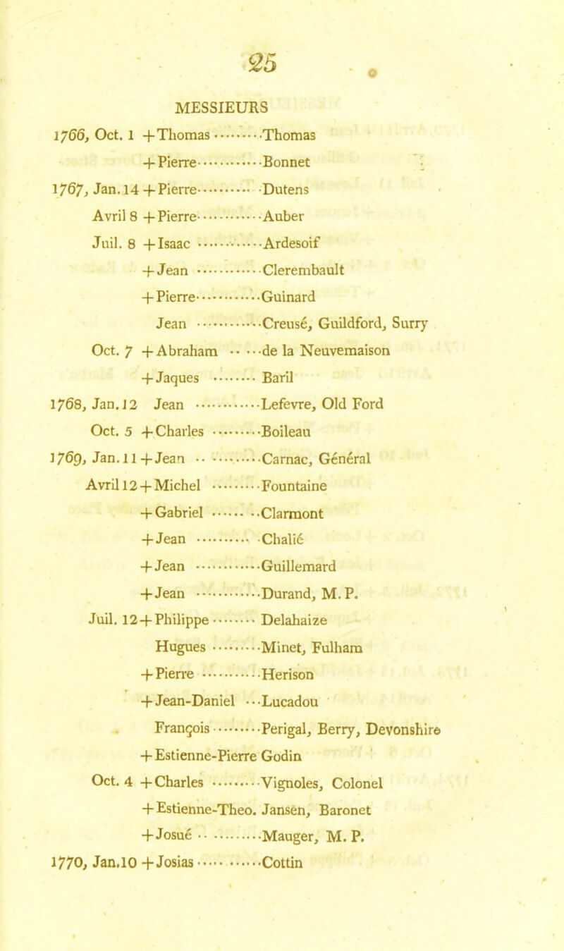 O MESSIEURS 1/66, Oct. 1 +Thomas Thomas + Pierre Bonnet 1767, Jan. 14+Pierre Dutens Avril 8 + Pierre Auber Juil. 8 +Isaac Ardesoif -f Jean Clerembault + Pierre • • Guinard Jean •-Creusé, Guildford, Surry Oct. 7 + Abraham de la Neuvemaison + Jaques Baril 1768, Jan.12 Jean Lefevre, Old Ford Oct. 5 4- Charles Boileau 1769, Jan. 11 + Jean Carnac, Général Avril 12 +Michel Fountaine + Gabriel Clarmont + Jean -Chalié +Jean Guillemard +Jean •••Durand, M.P. Juil. 12 +Philippe Delahaize Hugues Minet, Fulham + Pierre -Herison + Jean-Daniel •••Lucadou François Perigal, Berry, Devonshire + Estienne-Pierre Godin Oct. 4 + Charles Vignoles, Colonel + Estienne-Theo. Jansèn, Baronet + Josué Mauger, M. P. 1770, Jan.10 +Josias Cottin