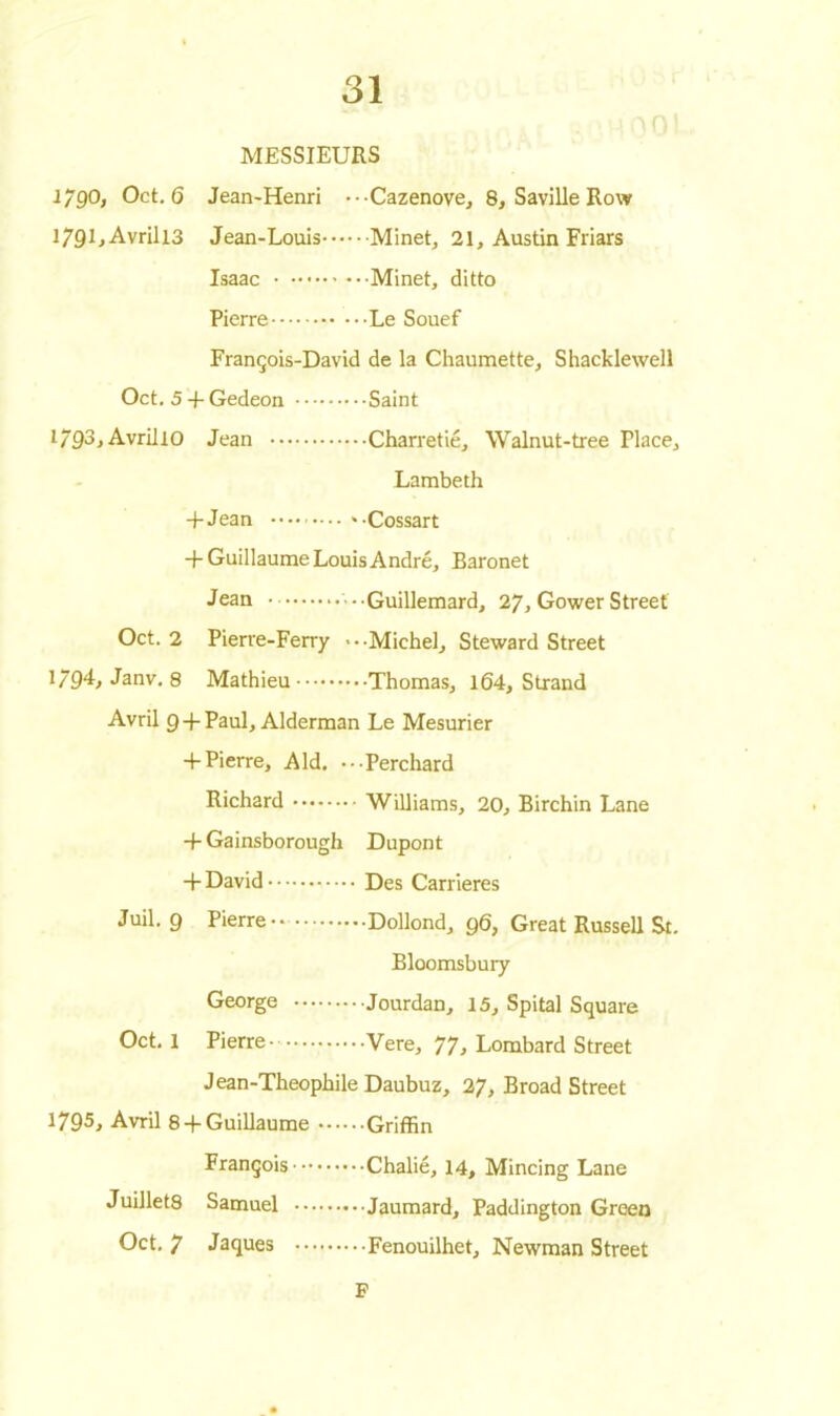 MESSIEURS 1/90, Oct. 6 Jean-Henri • ••Cazenove, 8, Saville Row l79UAvrill3 Jean-Louis Minet, 21, Austin Friars Isaac Minet, ditto Pierre Le Souef François-David de la Chaumette, Shacklewell Oct. 5 -F Gedeon Saint 1793, Avril 10 Jean Charretié, Walnut-tree Flace, Lambeth -FJean '-Cossart + Guillaume Louis André, Baronet Jean ■• •Guillemard, 27, Gower Street Oct. 2 Pierre-Ferry -••Michel, Steward Street 1794, Janv. 8 Mathieu Thomas, 164, Strand Avril 9 +Paul, Alderman Le Mesurier -FPierre, Aid. .-.Perchard Richard Williams, 20, Birchin Lane -F Gainsborough Dupont + David Des Carrières Juil. 9 Pierre Dollond, 96, Great Russell St. Bloomsbury George Jourdan, 15, Spital Square Oct. 1 Pierre Vere, 77, Lombard Street Jean-Theophile Daubuz, 27, Broad Street 1 795j Avril 8-F Guillaume Griffin François Chalié, 14, Mincing Lane Juillets Samuel Jaumard, Paddington Green Oct, 7 Jaques Fenouilhet, Newman Street F