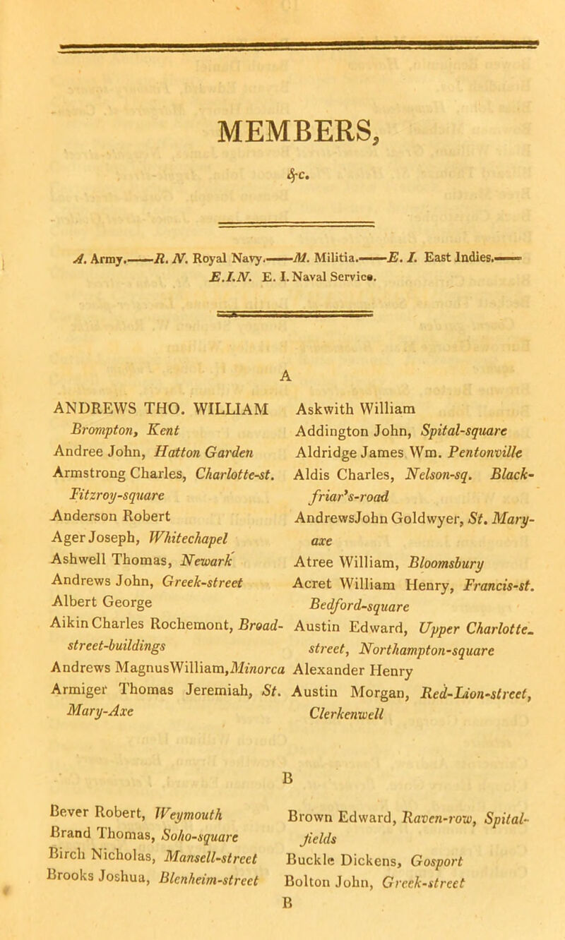 MEMBERS, 4-c. A, Army.——iZ. N. Royal Navy.—A?. Militia.——.E. /. East Indies.' E.I.N. E. I.Naval Servic*. A ANDREWS THO. WILLIAM Brompton, Kent Andree John, Hatton Garden Armstrong Charles, Charlottest. Titzroy-square Anderson Robert Ager Joseph, Whitechapel Ashwell Thomas, Newark Andrews John, Greek-street Albert George Aikin Charles Rochemont, Broad- street-buildings Andrews MagnusWilliam.Miworca Armiger Thomas Jeremiah, St. Mary-Axe Askwith William Addington John, Spital-square Aldridge James Wm. Pentonville Aldis Charles, Nelson-sq. Black- friar*s-road AndrewsJohn Goldwyer, St. Mary- axe Atree William, Bloomsbury Acret William Henry, Francis-st. Be^ird-square Austin Edward, Upper Charlotte^ street, Northampton-square Alexander Henry Austin Morgan, Red-Lion-street, Clerkenwell Bever Robert, Weymouth Brand Thomas, Soho-square Birch Nicholas, Mansell-street Brooks Joshua, Blenheim-street B Brown Edward, Raven-row, Spital- yields Buckle Dickens, Gosport Bolton John, Greek-street B