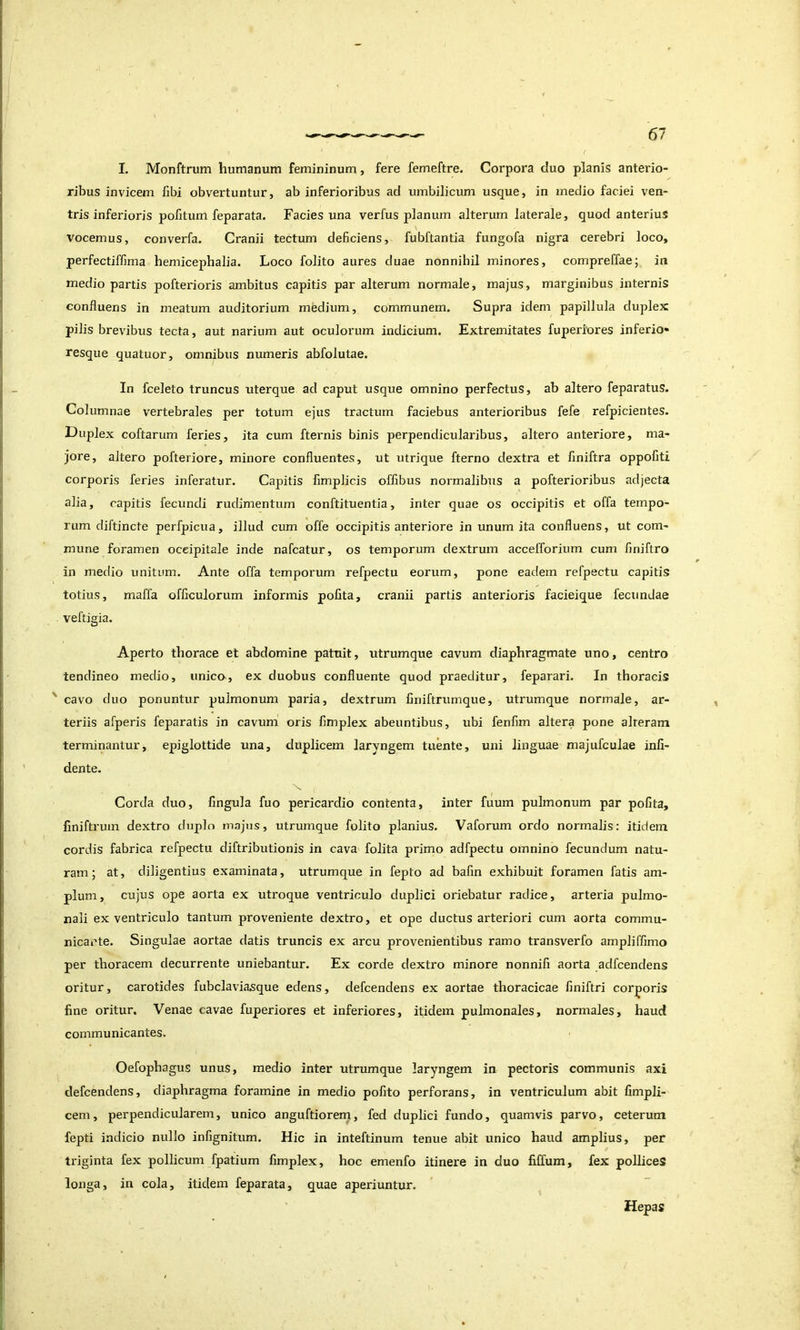I. Monftrum humanum femininum, fere femeftre. Corpora duo planis anterio- ribus invicem libi obvertuntur, ab inferioribus ad umbilicum usque, in medio faciei ven- tris inferioris pofitum feparata. Facies una verfus planum alterum laterale, quod anterius vocemus, converfa. Cranii tectum deficiens, fubftantia fungofa nigra cerebri loco, perfectiffima hemicephalia. Loco folito aures duae nonnihil minores, compreffae; in medio partis pofterioris ambitus capitis par alterum normale, majus, marginibus internis confluens in meatum auditorium medium, communem. Supra idem papillula duplex pilis brevibus tecta, aut narium aut oculorum indicium. Extremitates fuperiores inferio- resque quatuor, omnibus numeris abfolutae. In fceleto truncus uterque ad caput usque omnino perfectus, ab altero feparatus. Columnae vertebrales per totum ejus tractum faciebus anterioribus fefe refpicientes. Duplex coftarum feries, ita cum fteimis binis perpendicularibus, altero anteriore, ma- jore, altero pofteriore, minore confluentes, ut utrique fterno dextra et finiftra oppofiti corporis feries inferatur. Capitis fimplicis offibus normalibus a pofterioribus adjecta alia, capitis fecundi rudimentum conftituentia, inter quae os occipitis et offa tempo- rum diftincte perfpicua, illud cum offe occipitis anteriore in unum ita confluens, ut com- mune foramen occipitale inde nafcatur, os temporum dextrum accefforium cum finiftro in medio unitum. Ante offa temporum refpectu eorum, pone eadem refpectu capitis totius, maffa officulorum informis polita, cranii partis anterioris facieique fecundae veftigia. Aperto thorace et abdomine patuit, utrumque cavum diaphragmate uno, centro tendineo medio, unico^, ex duobus confluente quod praeditur, feparari. In thoracis ' cavo duo ponuntur pulmonum paria, dextrum finiftrumque, utrumque normale, ar- teriis afperis feparatis in cavum oris fimplex abeuntibus, ubi fenfim altera pone alteram terminantur, epiglottide una, duplicem laryngem tuente, uni linguae majufculae inli- dente. Corda duo, lingula fuo pericardio contenta, inter fuum pulmonum par poGta, finiftrum dextro duplo majus, utrumque folito planius. Vaforum ordo normalis: itidem cordis fabrica refpectu diftributionis in cava folita primo adfpectu omnino fecundum natu- ram; at, diligentius examinata, utrumque in fepto ad bafin exhibuit foramen fatis am- plum, cujus ope aorta ex utroque ventriculo duplici oriebatur radice, arteria pulmo- nali ex ventriculo tantum proveniente dextro, et ope ductus arteriori cum aorta commu- nicante. Singulae aortae datis truncis ex arcu provenientibus ramo transverfo ampliffimo per thoracem decurrente uniebantur. Ex corde dextro minore nonnifi aorta adfcendens oritur, carotides fubclaviasque edens, defcendens ex aortae thoracicae finiftri corporis fine oritur. Venae cavae fuperiores et inferiores, itidem pulmonales, normales, haud communicantes. Oefophagus unus, medio inter utrumque laryngem in pectoris communis axi defcendens, diaphragma foramine in medio pofito perforans, in ventriculum abit fimpli- cem, perpendicularem, unico anguftiorem, fed duplici fundo, quamvis parvo, ceterum fepti indicio nullo infignitum. Hic in inteftinum tenue abit unico haud amplius, per triginta fex pollicum fpatium fimplex, hoc emenfo itinere in duo fiffum, fex pollices longa, in cola, itidem feparata, quae aperiuntur. Hepas