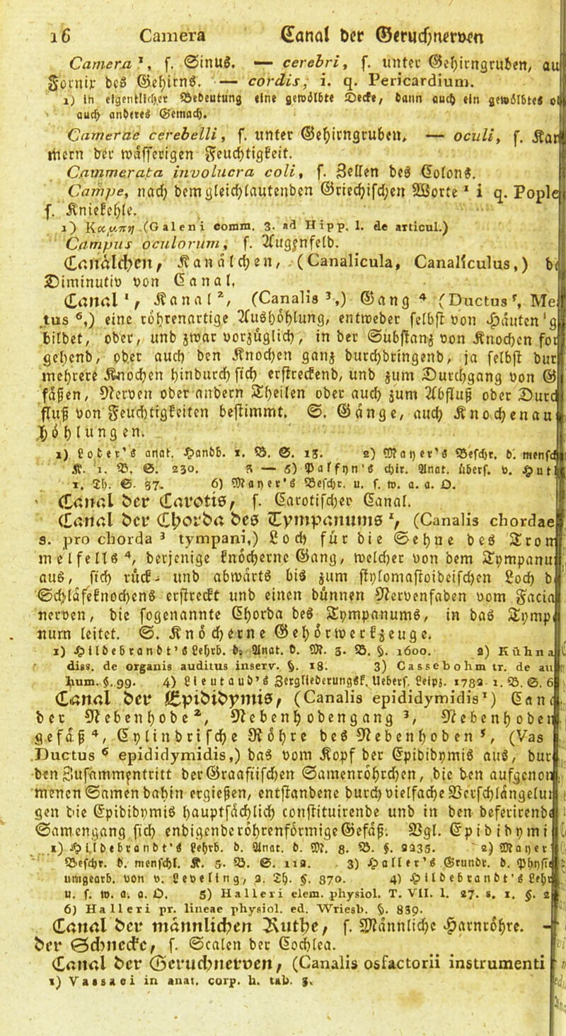 Camern', f. 0inUS, — cerebri, f. iintcc ©cf^icngrubeit/ au §onii)r bc6 ©e^irnö. — cordis, i. q. Pericardium. i) in etgendlrr^ct Bedeutung (ine gemjidte SDecfe, dann auc^ ein getvilbt« ol ouc^ andtteä ©emnt^. Camerae cerebelli, f. unter ©e^icttgrubeu» — ociiU, [. Äat rticrn Irer ttjlffectgen J^euc^tigfeit. Cfimmerata involucra coli, f. Sitten bcö ©oton®. Campe, nad; bem gteidjtfluteiibcn ©rie^ifd;«« 2Borte * i q. Pople f. Äniefe()(e. i~) Kct,M.7r>; .(G alen i eotnia. 3- *3 Hipp, 1. de atticul.) Campus oculorum, f. 3fug^nfe(b. <£aiialcl?cn^ ^an d Id; en, (Canalicula, Canallculus,) b< 25iminufio non Canal, (EanaP, Äanal*, (Canalis^,) ©ang (D^ctus^Me tus «,) eine roljrennrtige 2fu6()6{)lung, entroebec felbfl non ,^ditfen'g ’bitbet, ober, unb jtnat norjugltd), in ber ©ubj^anj non Änoeften fot gebenb, ober aud) ben Änodjcn ganj butd^bringenb, ja felbjl bur mehrere Änoc^en binburc^ ftc^ erftreebenb, unb jum 25uvd)gang non © fdfen, Olernen ober anbern ober auch jum 3(bflup ober Sure fluf non bejTimmt, ©. ©dngc, auc^ Änodjenau ,T^ d f) I u 3 « x) Sottet’« anat. ^>an&8. x. iö. 0. ij. e) OToi)er’« iBefdjt. bl menfd Ä. 55. 0. 230. 3 — 5) fPatfon’« tijit. Qinat. i'ibetf. b. :^uti I. 2(). 0- 37. 6) 5)iai)ec'd 5Sefd)t. u. f. m. a. a. O. ' (Camal öer (EafOti©/ f. Carotifd)er Canal. Canal ber €l;oi‘ba bcö (Eympanums (Canalis chordae s. pro Chorda ^ tympani,) ßod) für bie ©el)ne bed 3!rott JnelfelH^ berjenige bno^^ernc ©ang, ineld)et non bem 5?pmpanu au6, fid) rütf- itnb abnjdrtö biö jum flblomaftoibcifc^en 2ocb b ©dfldfcbnodbcng erflrcift unb einen bünnen 9?ernenfaben nom ^acia nernen, bie fogenannte Cfjorba beö Spmpanumö, in baö Spmpi uurn leitet. ©. Ändd^erne ®e^)drtnec£jeuge. i) JTp i Ibeb ta n b t ’« Cebrb. b»'3Inat. 0. <3)f. 3. 95.5. 1600. a) Kfthna ' dias. de organis auditus inseiv. §. 18. 3) Cassebohm tr. de au !tium. $. 99. 4) Ci e u t a ub’Ä S^tatl'^etungÄf, Uebetf. Selpj. i782-1. iö. 0. 6 Ctanal Scy (Canalis epididymidis’) Can< bet 9lebenl)obe*, ^lebenl^obengang^, €^eben()obeti,i gefa'f'*, Cplinbrifd()c Sld^re bcö^leben^oben*, (Vas , .Ductus ^ epididymidis,) baS noin .Äopf ber Cpibibpmiö auö, buc ben Sufhmmjntritt ber©raaftifd)en ©amenrd^tdjcn, bie ben aufgenon |j tnenen©amcnbabin ergiepen, entjlanbene burd)nielfad)eSSci-fd)tdngelm ■( gen tic Cpibibpmiö l)aupt[dd)licl^ conjlituirenbe unb in ben beferirenbi i ©amenggng fid) enbigcnber6^renf6nnige©efdf; S3gl. Cpib ibpini i\ i) 1.1 b e b t a n b t' d t«b*b. b. inat. b. 5K, $• $. 3333. 2)9)tai)et 'j; i&cfcbt. b. menfcbl. 5t. 5- 95. 0. 11a. . 3) Jp a il e r ’ d ®tunbt. b. <pi>i)fii iimgeatb. üon to. Ceöeling, a, §■ 8?o. 4) 11 b eb ca nb t'e Ceb< U. f. to. a. a. ib. 5) Ha Hei'i elcm. physiol. T. VII. 1. 27. s. 1. 2 6) Halleri pr. liueae physiol. ed. Wriesb. 5- 83p. (Eanal bei* mannlidjen 3\utl)e, f. SUdnnlid^e ^arnrdl()re. - . t)fr ©d^ncefe^ f. ©calcn bet Codjlca. Canal fc>cr <Bcrud?nct’t)Cn / (Canalis osfactorii instrumenti » t) Vaesaei in anat. corp. h. tab. 3. ;J