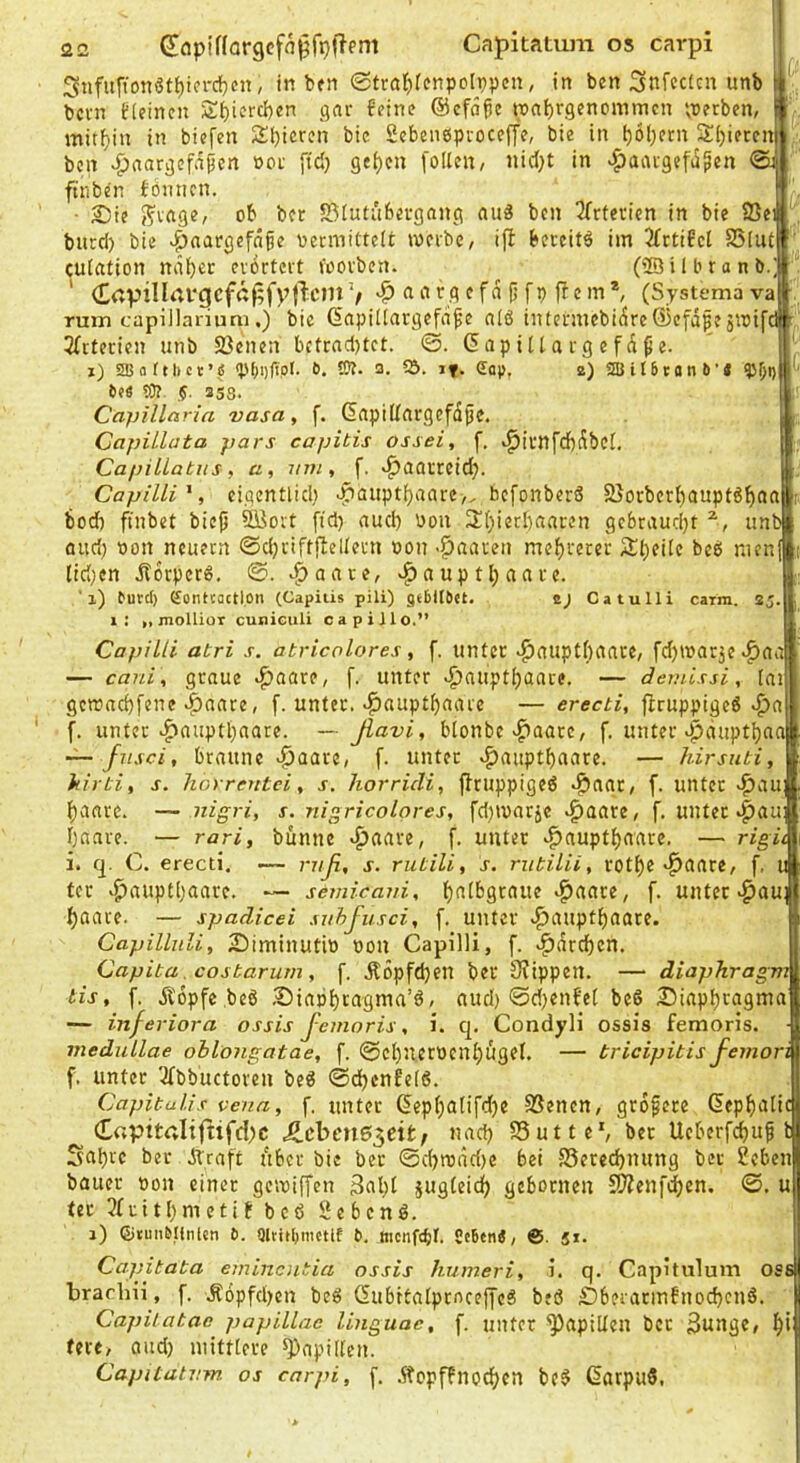 Ö2 Capitatum os carpi ^öpifforgcfnl^rpflem 3ufufionöt^in-d)cn, in ben ©traf^fcnpolppcn, in ben 3nfccUu unb bcvn tleincn Sbicrcben ynr feine ©cfä^c renf)r9enommcn ererben, mithin in biefen Sl)icr?n bie Sebenöpioceffc, bie in ^6l;etn Spieren bcn .paarijcfn^en »ot ftd} ge^cu follen, JÜd)t in vpaatgefdpen €uj ftnben fömicn. ■ £iic j?vage, ob bet S3iutubei-gnng auä bcn ^Tttevicn in bie 25e burd) bie «pnargefnge oecmittelt ineibe, ijl beccitö im 2frtifel S5(ut cutation ndl)er eibrtcit Voovben. (iBilbranb.; (Iapillavc|cf(:f;fy{l:cm V ‘i f fj fb (Systemava rum capillarium.) bie dapillargefdf e nl6 intcnncbidre®efd|eänjifd 3(rtccien unb Sßenen bctrnd)tct. ©. (5ap iI[ a tg e fd ß e. i) SBoftlict’ö <p()i)fipl. 6. 0. 55. if. gop. 2) 2Bit5tanti’* bi« 9}? 5. 3S3. Capillaria vasa, f. dnpillargefdpc. CapUlata pars capitis ossei, f. i^ifttfd)dbcl. CapilLatns, a, inn , f. «paatreid;. CapilW', eigentlid) ^aupt^aare,. bcfonberö 2}orberl)aupf6bcm bod) finbet bicjj ^ort ftd) nud) oon 3d)ierl)nnren gebraucht ^, an öuri) oon neuem 0d)tiftjIelIeni »on -pnateii mei)i‘ecei: A^b^de bcö men tiri)en Jlocpcrg, ©. S^aaxt, ^auptl;aafe. '1) eure!) gontcactl.Oii (Capiüs pili) ge61l6«t. 2j Catulli catra. 2 i: ), mollioT cuniculi capijlo.” Capilli atri s. atricolores, f. untec ^naptbanre, fd)tnar5e — cani^ graue ^aare, f. unter ^aaptl)aace. — demissi, lai gcmnd)fene |)aare, f. unter. ^auptf)niue — erecti, fbrappigeö f. unter Haupthaare. — ßavi, blonbe f. unter Hdnpthnaj: — fiisci, braune >^aatt, f. unter — hirsuti, klrti, s. liorrentei, s. horridi, ftruppigeö Hftdt/ f. unter haare. — nigri, s. nigricolores, fd)ivaräe H<t^te, f. untec haare. — rari, banne H^ate, f. untec H^up^b^'dre. — rigi i. q. C. erecti. — ruß, s. rutili, s. rutilii, roti)e H^<tte/ f. tec — semicaui, {)(ifbgraue H^ate, f. untec H^u haare. — spadicei siihfusci, f. unter H‘tiiptb(ntre Capillitii, iDiminutio oon Capilli, f. H<^tcben. Capita. costarum, [. j?opfd)en bet 3?ippen. — diaphragm tis, f. Äopfe .beö ,Diapi)tagma’ö, aud) @d)enfe( be6 25iapbvagma — inferiora ossis ßemoris, i. q. Condyli ossis femoris. mediillae ohlongatae, f. 0el)n.erocnbugel, — tricipitis feinori f. unter 'jfbbuctoren beö ©d)enh(6. | Capitulis vena, f. unter 6epba(ifd)e SSenen, größere (^epbalic C«pttrtliftifd)c Jicbenö^eit/ nad) SSutte', bet Ueberfd)u^ l Sahtc ber Jlraft aber bie bec ©d)radd)e bei S5ered)nung ber 2eben bauet oon einer gemiffen 3al)t jug(eid) geboenen 5Wen[cben, ©. u tec ?£uitl)metif bcö Sebenö. j) ßicun&Utilen 6. QUin^mctlf b. menWr. ScBen«, 6. ji. Capitata eminentia ossis humeri, i. q. Capitulum oss brachii, f. '.K6pfd)en beö GubitalpmccffeS btö £)6eratinfnod)enä. Capitatae papillac linguac, f. unter Rapiden bcc 3unge, bi fere, and) mitttece ^apilfen. Capitatv.m os carpi, f. .itopffnodbcn bc$ 6arpu5,