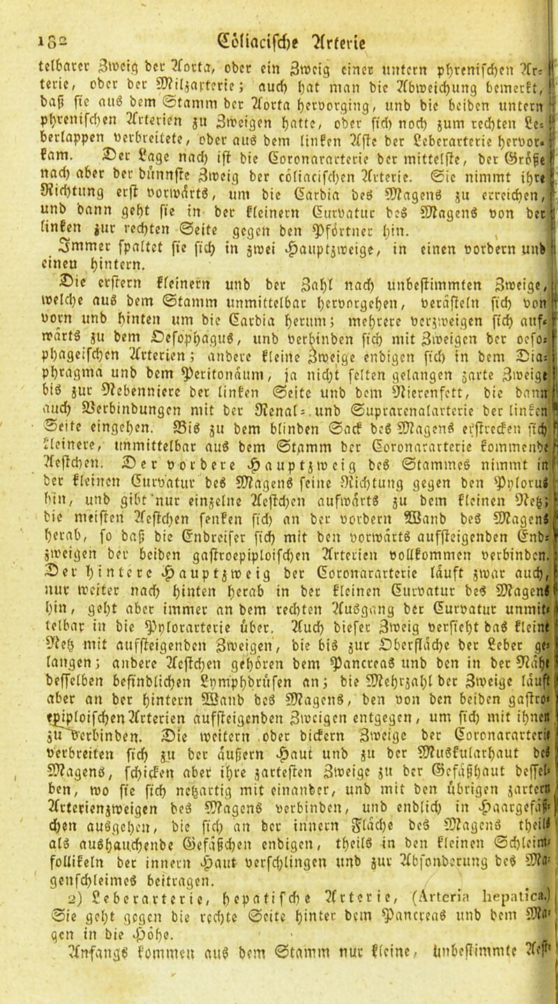 152 S6(iactfrf)e ?(r(ciic tctbcircc bcc ^forta, obcc ein 3tncig cincc unfern p()renifd)cn ?[r; jf' teric, ober ber 9J?i(5ni.-t?rie; auef) bat man bic ^fbineicbung bemetft, F bafi fte auö bem ©tanim bet 2forta bftöovging, unb bic beiben untern 3frtcyien jit ^tpcigen b^ttC/ ober ftd) norf) jum reiften ßes i' bertappen uerbreitefe, ober auö bem linfen ?bfbe ber Ceberarterie bft'Jor« i 6am. 25er 2agc nad) ijl bie Goronararterie ber mittelfie, betörSfeii nad) aber ber bunnfte 3»)eig ber c6(iacifd)cn 3frterie. ©ic nimmt ihre ^ 9?id)tung erfl »ortndrtö, um bic (Sarbia beö ?0iagenö ju eireicbcn,i unb bann gef)f fte in ber fieinern Gtiruatuc beS 5)?agenS non beeil finden juc rechten ©eite gegen ben ^^förtner (;in. i Smmer fpaitet fte ftd> in ätoei ‘^auptjtreige, in einen norbern unb‘l einen ®ic erffern ffeinern unb ber 3af)t nad) unbeflimmten Stoeigc.r weld)e auö bem ©tamm unmittelbar beroorgeben, toeräflcln fid) toonfi uorn unb bttitcn um bic Gavbia betumt mebrere berjioeigen ftd) auf«ir rrartö ju bem £)efopbagu6, unb oerbinben ficb mit Sweigen ber oefosf pbngcifcbcn 2fcterien; anbeve fteine rfnjeige enbigen ftd) in bem iDiasf pbragma unb bem ^critonaum, ja nid)t feiten gelangen jartc 3weige!' biö juc 9?ebennierc ber linEen ©eite unb bem ^^iierenfett, bie bamtl* aud) SJerbtnbungen mit ber 9Jenat = .unb ©upvarenalarterie bcrlinfen^ Seife eingeben, S5iö ju bem blinben ©oeb bc6 9)?agenö effireden ftcb f| Jleinere, unmittelbar auö bem ©tamm ber doronaravterie f’ommenbef; ?fefid)en. ®ec uorbere ^auptifocig bed ©tammeö nimmt inf ber fleincn durn'atur bc6 5SJ?ageti6 feine Siicbtung gegen ben ^PpIoruJ , bin, unb gibt'nur einjelne 2fcfld)en aufioart« ju bem fleinen 9'Jeg; ^ bic meiften 2fefld)cn fenben fid) an ber oorbern 9Banb beö C0?agen«f berab, fo bap bic dnbreifer ftd) mit ben nortuärtg auf|ieigcnben dnbsjf jweigen ber beiben gaffroepiploifd)cn 2frterien öolifommen »erbinben.: 25er bintcre ^auptjujeig ber doronarartcric tauft jtuar aucb,| nur treiter nad) hinten btcnb in ber t'Icincn dutoatur be^ S)?agcn<^ bin, gebt aber immer an bem rechten Ufußgung ber duroatur unmit«i| telbar in bie ^^ptorarterie über, 2fu^ biefer änjctg uerfiebt bad fleine 9'teb mit auffteigenben Stveigen, bie bis jur £)bcr(Tdd)e ber ßeber ges taugen; anberc 3fcjtd)en geboren bem ^ancreaS unb ben in ber 9?db» beffetben befinbticben Spmpbbrufen an; bie 5Kebrjal)tber 3n?eige tauftjl aber an ber bintern SBanb bcS 9)ZagenS, ben non ben beiben gaftro» ♦giptoifdben^frtericn auffteigenben 3incigcn entgegen, um ftd) mit ihnen, ju^'crbinben. 25ie incitern .ober biefern 3'veigc ber doronararteri» verbreiten fidb Jit ber dufjern .^aut unb ju ber S)?uSfutarbaut beä 5Wagenö, febiden aber ibte jarteften Stveige su ber ©efa^bnut beffet« ’ ben, tno fte ficb nebartig mit einanber, unb mit ben i'ibrigen jarternJ 3fcferienjtt)eigen beä ?9?agenS nerbinben, unb enbtid) in ^taargefäf')! eben auSgeben, bic ficb an ber iniicrn gldcbe beS {Kagenö tbeü^' atS ausbauebenbe ©efd§d)en enbigen, tbeitS in ben fleinen @d)(eim» foUifetn ber intiern Apatit verfd)tingen unb äur IJfbfonbcrung beS SJJa-' genfcbleimcS beitragen. 2) Seberarterie, bepntifdte 2frterie, (Arteria hepaüca.), Sic gebt gegen bie rcd)tc ©eite hinter bem ^ancreaS unb bem ftUn« gen in bie Jpöbc. ■ i ^fnfangs fommeu auS bem ©tamm nur fieine, imbellimmfc