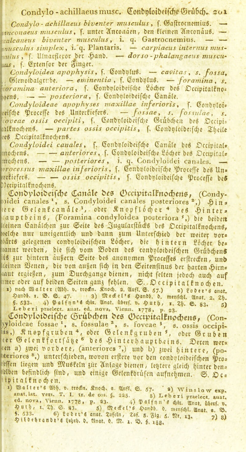 jl Condylo - achillaeus musc. donbt)(otbeir(:ft.e®ru6c:5»'201 11 Condjlo - achillaeus biventer musculus, f. ©aftrocnemiuS, — inconaeus musculus, f. unter ^Tnconäcn, ben deinen 3(nconduS. — •alcaueus biveuter musculus, i. q. Gastrocnemius. — — ■ nusculus Simplex, i.'q. Plantaris. — carpiacus internus mus~ ’ntius,'\. lUnacflcfOc ber >^anb. — äorso-phalangaeus muscu' MS, f. ©Ftenfor ber ifinger. Condyloidea apophysis, f. ßoiibpfu^. — cavitas, s, Jossa, ©Icnoibalgrrbe. — eminentia , f. ßonbpluö. —foramina, s. loramma anteriora, f. doilbplcibetfd)e 26cf)er be^ ^iccipitalfnos i.)enö, — — posteriora, f. donbploibeifd}c dandle. Condyloideae apophyses maxillae injerioris, f. donbplot* (eifcfje ^roceffe beö llntcrfiefcrö. — fossae, s. fosnilae. s. oveae ossis occipiti, f. donbploibeifcl;e ©lubdjeii beö ;Dccipii iaIfnocf)enö. — partes ossis occipitis, f. donbi;(oibC!fcl;e Sfieile iti £)ccipitaIfnocl)enö. Coudyloidei canales, f. donbptoibcifcbc damife be6 ^ccipitate imodjenö. anteriores, f. donbploibcifcbe 26d)er beö £)cctpita(s nnQ,cbenÖ. — — posteriores, i. q. Condyloidei canales. — n-pcessus maxillae injerioris, f. dcnbj}loibcifd)c ^Proceffe beö Un» fsrficferö. — — ossis occipitis, f. donbploibeif^e ^roceffe be5 :)ccipitaIfnod}en6. (£önbyloi&cifd?c (Crtiirtle bcs clkcipitr;IPrtO(^en0; (Condy- i)idei canales*, s. Condyloidei canales posteriores*,) .^ina (ere d) c 1 cnf ca n d 1 cober Änopfloc^cr“* be« «hinter» auptbcind, (Foramina condyloidea posteriora *,) bie beibeit kleinen dandicben jur <5eitc beö SugularfKicfS be« Sccipital6nod)enö, loclcbe nur uncigentlid) unb bann jum Unterfcbieb ber ineitep not* idrtd gelegenen conbploibeifcf)cn l*öcf)er, bie f) intern Soccer bc* aannt loerben, bie nom S3oben bc8 conbploibeifcfjen dirubc^en« ;i« jur bintcrn dufern ©eite beö anonpmen ^roceffeö erflrecfen, unl> reinen S3cnen, bie non aufen fic^ in ben ©eitenfinuö ber barten v^irn* aaut ergiepen, jum Durchgänge bienen, nicht feiten jebod) auch «uf tner ober auf bciben ©eiten ganj fehlen. ©..Dccipitatfnod)cn. 1) nocp 2Battet (91bb. 0. ttpcfn. Änocp. 3. Qlufl. ®. 57.) a) Cobet’« onat. ^lanöb. 1. aj. S. 47. 3) ®lecfel'< jgjanbb. b. mtnfcpl. gjnat. 2, 2p! §.533. 4) ?>olfi)n*« cf)lt. Slnot. öbetf. 0. ^>utb/ 1. 2p. 6. 83. 5) Leberi praclect. auat. ed. nava, Vieiiii, 1778, p. 23. 0rubdKu bc© C)ccipitrtlPiiod?cji0, (Con- >yloideae fossae*, s. fossulae *, s. foveae *, s. ossis occipi- iis,) Änepfgrubenober ©ctenfgruben *, oberdiruben «er © elenffortfdhe ® be« .^in terhauptbeind. Deren tner* «en _a) jinei norberc, (anteriores'',) unb b) jirei hintere, (po- titeriores «,) unterfd^iebcn, roonon erficre nor ben conbploibeifchen *pro* f(Ten liegen unb S)?uöfeln sur Einlage bienen, Untere gleid) hinter ben* kelben befinblid) finb, unb einige ©clenfbvüfen aufnehmen. ©.De* ip i t n l f n 0 d) en. 1) ®ottet’« Olbp. 10. ttotfn. Änotp, e. Qtiiff, ©. 57. ’ s) winslow exp anat.lat. vcis. T. I. tr. de oss. J. 323. 3) Leberi praelect. auat' ed. nova, Vienn. 1778, p. 33. 4) Dalfnir« «It. a„at. übetf. b. t, 21). ©. 83, S) iütecfef« Jfpanbb. b. me.ifd)(. üinat ». «ö. i. 533. 6) Jobev’« anat. 2ofc[n, 2af. 3. 3I9. &. ??r xs, ' oS nt