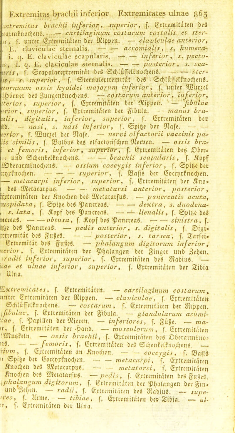 Extremitas brachii inferior Extremitales ulnae Mtreviitas hrachii inferior, superior, f. (Spticnuitäten bcö MUmfnodjenö. — cnrtilaginum costarum costalis et ster- is, f. UJUer (S'rtVPmitiStcn ber Sjippcn. — clavicnlae anterior, i'„ clavicnlae sternalis. — — acromial^s, s. humera~ i. q. E. clavicnlae scapnlaris. — inferior, s. pecto^ it, i. q, E. clavicnlae sternalis. — — posterior, s. sca- nris, f. ©capalaccptremitrtt bpö @d)tufyelfnoc^cnö. —• — ster- u, s. superior©tcrnalfptrcmitnt be6 @cf)luffPtEnod)cnS. •eormnim ossis hyoidei majorum inferior, f. lUltec SBliräct J^örncr beS Sinigcnfnodjenö. — costarum anterior, inferior, tterior, superior, f. ^ptremitdten bcr' Oiippcir. — ßbnlae rrior, superior, f, Sptremitdten bet gibula. — manus hra- nlis, digitalis, inferior, superior, f. (^ptccmitaten bcc tb. — nasi, s. nasi inferior, f. @pi|e bet 9Zafe. — — c^rior, f. SBlitjel bet 9?afe. — nervi olfactorii vaccinis pa~ iis similis, f. Sßulbuö bed olfactotifcbcli 5Jietoen. — ossis bra- i et femoris, inferior, superior, f. (ipttemitdten be6 £)bet* >■. iinb ©d)cnEelfnod)enö. hrachii scapnlaris, f. Äopf i£)betatmfnod;en6. — ossium coccygis inferior, f. ©pi^c bet ccppfnod)en. — — — superior, f. SSaftö bet 6occppfnod)en. — metacarpi irferior, superior, f, ßpttemitdten bet .Sno* beö 2)?etacatpuö. — —• metatarsi anterior, posterior, rcpttemitdten bet .Sncdjen beö Slictatatfuö. — pancreatis acuta, luspidata, f. ©pi(je bcd ^’Pnnctcnö. dextra, s. duodena- , j. lata, f. Äopf beö ^ancteaö. lienalis, f. ©pigc bed iHCtead. obtusa, f. .Kopf beö Panctead. sinistra, f, ij^e bed Panctead. — pedis anterior, s. digitalis, f. iSigi* tcttemitdt bed giifed. — — posterior, s. tarsea, f. Statfei» (Stttemitdt bed gufed. — phalaiigum digitorum inferior, icerinr, f. Gpttemitdfen bet Phalangen bet ginget unb 3el)en, M-adii inferior, superior, f. ß'pttemitdten bed Stabiud. — \iae et ulnae inferior, superior, f. (Spttemitdten bet 2ibia > Ulna. Extremitales, f. ^pttemitdten. — cartilaginum costarum, iintet ©ttteniitdten bet Siippen. — clavicnlae, f. (Sptremitdrcti @d)Iu(TclEnod)cnd. —costarum, f. ßptrcmitdtcn bet Uiippcn. ifbulac, f. ©ptteinitaten bet gtbnla. — glandularum acumi- :ae, f. Papillen bet 9?ietcn. — inferiores, f. güpe. — ma- n, f. (Svtremitdten bet ^^anb. — musculorum, f. G'rttemitdten '5J?ud?cln. — ossis hrachii, f. (Jrtremitdten bed £)berarmtnü- femoris, f. ettteinitdtcn bed ©d)cnEe(fno,d)end. — num, f. Gjctrcmitdten an Änodjen. — — coccygis, f. S3ofig I» ©pi|e bet Goccppfnodjen. — — metacarpi, [. Grtteinitdten Änocben bed 9??etacatpijd. — — metatarsi, f. Gpttemirdten Änodjen bed Pletatatfiid. —pedis, f. Gptteniitdten bed gu§ed. ifdialangum digitorum, f. Gvtrcmitdten bet Phalangen bet gin» unb'Selben. — radii, f. Grtremitnten bed 3iabiud. — supe- ires, f. 3fime. — libiae, f, Gptteniitdteii bcp 51'ibia. — ul- •?, f. Girtteinitdten bet lUna.