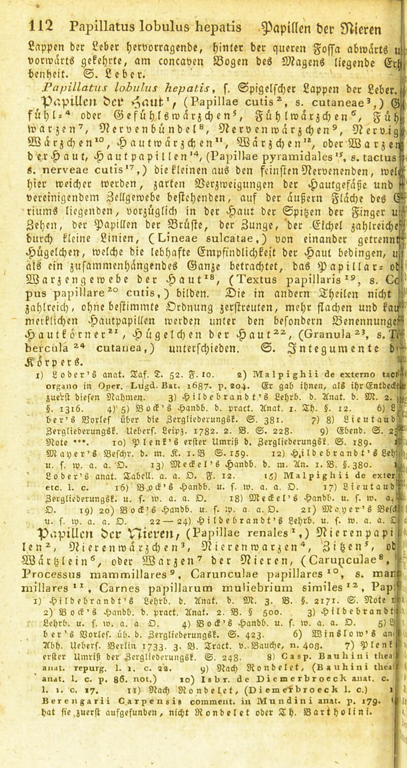 Sappen bec Sebec ^ernorragenbe, f)intec bcc queren goffa obwdrtg u nonvdrta gefe^rte, am concanen S3ogen beS ÜÄagenö liegenbe ScÖi benf)eit. ©. £ e b e r. ‘ i- Fapillatiis lobulus hepatis, f. ©pigelf(i)ec Sappen bec Seber.| prtpiUcil bci‘ y^aut'f (Papillae cutis s. cutaneae^,) @[j fuijl:“ ober ® e f ü b f 6 m d r j ^ e n *, S u b I w d r jd) en gub marjen’, Dleroenbunbel^, 5?cröenn>drjcben®, 9?ero,ig| SBdrjd)en’°, ^^autrode jcb en”, 5ßdricben'^ obec SBarjei b c r a u t, a u t p a p 11 [ e n (Papill-ae pyramidales s. tacius 6. nerveae cutisbie f(einen au6 ben feinjien S^ecnenenben, inel btec treicbec werben, jarten SSeriweigungen bec i^autgefd^c unb »ereinigenbem Sedgewebe befiebenben, auf ber dupern gldd)e beö @r riumä liegenben, uor^ugdd) in ber vg)aut bec ©pi^en bec ginger u:jl geben, bec Rapiden ber _23rü(ie, ber gunge, 'bec ©Icbel jablreid[)e'« bureb f(eine Sinien, (Lineae sulcatae,) oon einanbec getrennt^ »f^ugeteben, welcbe bie lebhafte (SmpfmblicbEeit bec *^aut bebingen, u aiö ein jufammenbdngenbeö ©an^e betrachtet, ba6 !>papillar= ol SB a r j e n g e w e b e bec ^aut^®, (Textus papillaris s. Cd pus papillare^° cutis,) bilben. Sie in andern nicht h’ jabteeich/ ohne befiimmte Sebnung jeefireuten, mehr flachen unb faiil' merflichen ^autpapiUen werben unter ben befonbern fSenennunge^* ^autfornec*S '^ugelchen ber ^aut^^, (Granula s. Tft bercnla cutanea,) unteefebieben. ©. Sntegumente b'^‘ Mt ,Korperö. . i) ßobcr’6 anot. SSaf. 2. 52. ff. 10. 2) Ma 1 p i gh i i de externo tacp|i organo in Oper. Liigd. Bat. 1687. p. 204. @r gab ihnen, a(S ihr @ntbe(ftil[ jucVfl biefen Stahmen. 3) >?)ilbc6rftnbt’d Cehrb. b. Zfnat. b. SOI. 2. i^- §. 1316. 4)'5) SücE’g Jf>anb6. b. pract. 3(nat. i. Uh- 5- 12. 6) 8^. ber’g aSortef über bie ^ergticberungS?. ©. 381- 7) 8) Sieutaub^' Sergtiebevungäf. Ueberf. 8eipä. 1782. 2. 58. ©. 228- 9) Sbenb. @. 2^ Stote 10) 5)len£’§ erfler Umriß b. 3crg(ieberung§t, ©. 189. 9Jlrti;er’S SBefchr. b. m. Ä. 1.S8 ©. 1S9. 12) .^),i Ib e b r 0 nb t ’ S Sehip' u. f. ip. Q. a. O. 13) aJlcäePS ^anbb. b. m. 2tn. i. 58. 5.380. ■ Sober’ö anot. SEabcU. 0. o. O. ff. 12. 15) Malpighii de exter etc. 1. c. ■ 16) 58.ocE’8 .^anbb. u. f. J». 0. o. D. 17) Sieutaub 3fvglieberungg!. u. f. u>. a. o. D. 18) 5Hle cE e l ’ S .^>nnbb. u. f. n>. a, 1)1' D. 19) 20) 58od’ß .^onbb. u. f. :v. n. a. D. 21) 5Dlohcr’ß Sefd tt. f. iV. n. 0. £3. 22—24) i I b e b r onb t ’ g 8el)rb. u. f. m. a. a. £ Pupillen bei: VTicreit/ (Papillae renales*,) S^ierenpapi len^, S?i ecen wd rjd) en^, SZ iecen w a r j en , gibeu^t ot SBdcblein®, ober ^arjen’ ber SZieren, (Carupeulae®, ' Processus mammillares ^, Carunculae papilläres *°, s. man miliares**, Garnes papillarum muliebrium similes*^, Papi I) .?)ilbebranbt’g 8el)rb. b. Jtnat. b. 5101. 3. 58. §. 2171. ©. 9lote il 1 2) 58 0 cf ’ S .^jonbb. b. tjract. TCnaf. 2. 58. § 500. , 3) .^ilbcbronbti Cehrb. u. f. m. q. a. £). 4) 58ocf’g .&onbb. u. f. w. a. a. D. 5)8» ber’g 58orIef. üb. b. 3rrglieberunggf. ©• 423. 6) 5tB in g 10 »’S ani Tfbh. Ueberf. 58ertin 1733. 3. 58. SEract. u..58oudf)e, 11.40a. 7) ^Imf erfler Umriß ber ^crglleöerunggf. ©. 248. 8) Casp. Bauliini thea! aiiat. repurg. 1. i. c. 2 2. 9) 9ta(I) 9ion betet, (Bauhini thea anat. 1. c. p. 86. not.) xo) Isbr. de DiemerbroecK aiiat. c. 1. 1. c. 17. ii) 9to(h Slonbelet, (Dieme'fbroech 1. c.) Berengarii C.arpensi» commeiit. in Mundiiii anat. p. 17g. hot fie juerd oufgefunben, ni^t Stonbetet ober Uh- SBortholini. b