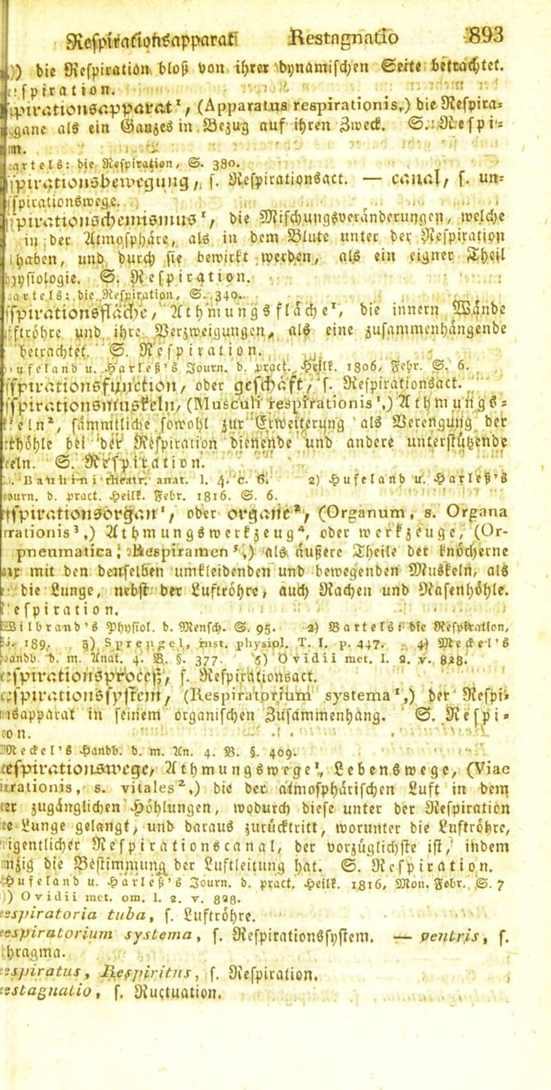 9iefpifnrtoh^appnrafi Kestngnatio ;» bie Ovefpicatiöi^ blojj toon if>r(a:'bvnümifci^en ©e/te 6»(co(f;tct. (ifptrotion. ' u't ^ , t; t'v« r. ' I^Vilv.ti0U6apprttrftt*/ (Apparams respiratioms^) bieJKcfptta:. „ganc rtlS ein ©aujeö in.Sicäug ouf it)ten 3i»ec!. ©.i.'Stefpi-* :m. . . ' 'I.. '-U artelS: We SK«fpitati9n, ©. 380. < VpivtjtionöbeuH’gung/, f. Ötefpicationöact. — cr.ur.l/ f. un-' i)'piiaticn6njeg.c. .,j ,ü .. -j.. • Ilpiiv*tton0ii)cjn-t0inuö', bie 3)?if(J)mi9«ocranbfcun.flcp, weldjc iijjbec '2ftmp,fpl)arc., alö in bem 23/ute itntec bei; ^jefpit^fipp Ibctbcn, unb, but^ jie bemicft .wetbcn, ciljS ein eignet t).p;fiolo9ie. e fp i ent i on. •• ’• ■ • i ftrtc.IS:.bie..9teft3iMtion, ©.,340.. _ • ■ ^ ffpnrrttionefIrtn;c /' ■?( t b ni u n 9 5 f (a c{) e^, bie innetn 2B,anbe ir.ftröbcc ynb..ii)C2.,^«Stt).ci9un9cn^ al« eine jufammenbangenbe betenebfet. ■'©. 9i e fp i V at io n. ^ .. : '.ufflant) u.,^'‘ctrep’S Souni. b. ,'^sbt. 1806/ 5?c5»r. 6-^j lYptiv»tion0fiMrchciU/ ober geftf)r.ft/'f-_ 9iefpirationöact.' ifpirt;tion0iti'u,5fcln/ (Muficult respfrationis Z t b ni un 9 S 5 tfe[n^ fiimnitticlie'fön'obt 3ür''^,tn5eit^cri|ng ' al« SSerengüijg; bei: rtb^ble bH 'biy Öfijfpitntibn ; b^ anbere unterjTijbbnbe fein. ©. Öfirfpi'tcttiDn’. ” i. ‘ B a'u li i-n i' rhMtr;-anat. 1. Öi' 2) .^)ufelanb if; >&arle?’8 fjiirn. b. yract. Jebr. 1816. ©. 6. ' ' jfpilVttio«0drgt'.>t'/ ober orga?fP> (Organum, s. Organa rraiionis’,) 2ftb>tiungön)crfjeug'*, ober iveffjeugc,(Or- pncumatica i biieepiraitien oldi nufere bet tnorberne a»F mit ben bcnfelb'en um6leibcnben unb betreg'enben 9)hi§EcIri, aig i 'bie fiunge, nebfb'bet l*uftr6brcj öud) Siadjen unb 9?flfertb^b^^* f e fp i ta t i 0 n. ■ < •* SBilbraiib’g ^^o(ioI. b. tDlenfdj. ©.95. a) Sortetöf'bfc Otefpftatlon, *89,• 9), ® r.r,*|)\r b ,t> iihysipj. T. I. p. 447, 44 SJlecte'l’S oanbb. I1. m. Unat. 4I S5. 5. 377. '5) D vidii mct. 1. a. y. 8^8* (’fpivrttton0pr’occ)V/ f. ^efpirh^ionbact. i;fpiriUionöfpjrc)h/ (llespira'tpr^fiitn systema',) bet' Siefpi'» (iiöappncat in feinem organifeben ^ufdmmenbnng. ' ©, Siefpi» con. .1 . ■ . •'vi-'tiL -Ot c d c I ’ 8 'banbb. b, m. Un. 4. S?. §. 409. ' '  ■ ccfpiiVvtioitanu'gC/ 2(tbmunggn)ege*, ßebengroege, (Viae uraiionis, s. vitales^,) bic bet nfmofpbi5tifcben 2uft in bem iir jU9<Sitglid)en'Y)6blungcn, wpbureb biefe unter bet DJefpiratibn :c 2ungc gelangt; unb batauö pirijcftritt, worunter bie 2nftr6bcc, iiigcntlicber JKcfpirationfScanal, bet oorjuglidjjTe ifi/ ihbem :iii^ig bie 23i(Hm_nunuj_ bcc 2iiftleitung bdt. DJerpitntio^n. v^jufclanb u. -?> aire9’g 3ourn. b. pract,' 1816, SJlon. gebt., ,©. 7 ;) Ovidii mct. om. 1. 2. v. 8*8- tsspiratoria titha, f. 2uf(r6bre. tespiratorium systema, f. SHefpiratiouöfpjtcm. — pentris, f. ■ bengma. -ispiratus, lief/üritns, f. Siefpitalion. , tistaßuaiio, f. Dtuetuation.